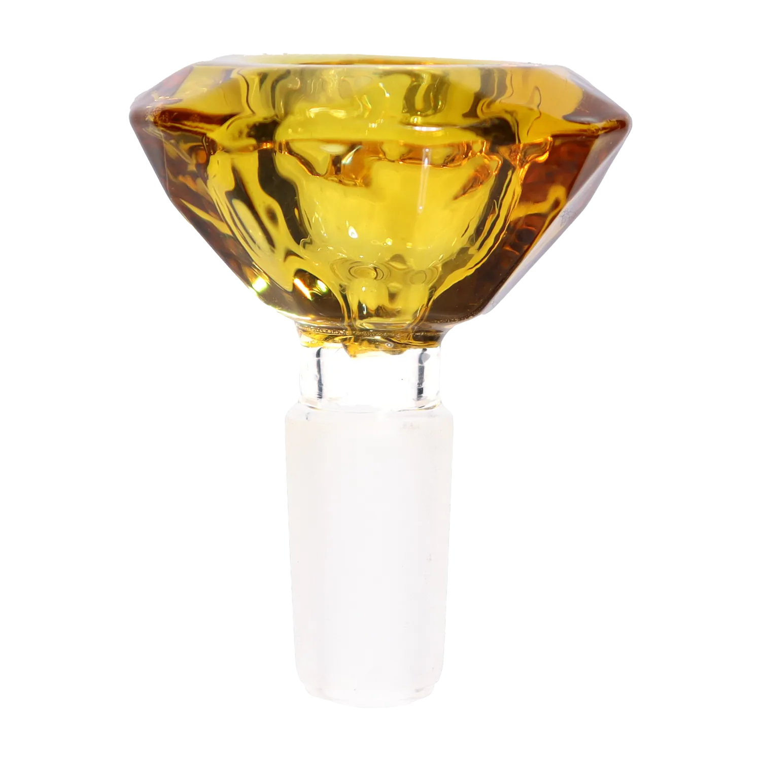 Close-up front view of the amber-colored DHC Deluxe Diamond Bowl - 14mm showing its faceted diamond-shaped glass bowl and clear frosted joint.