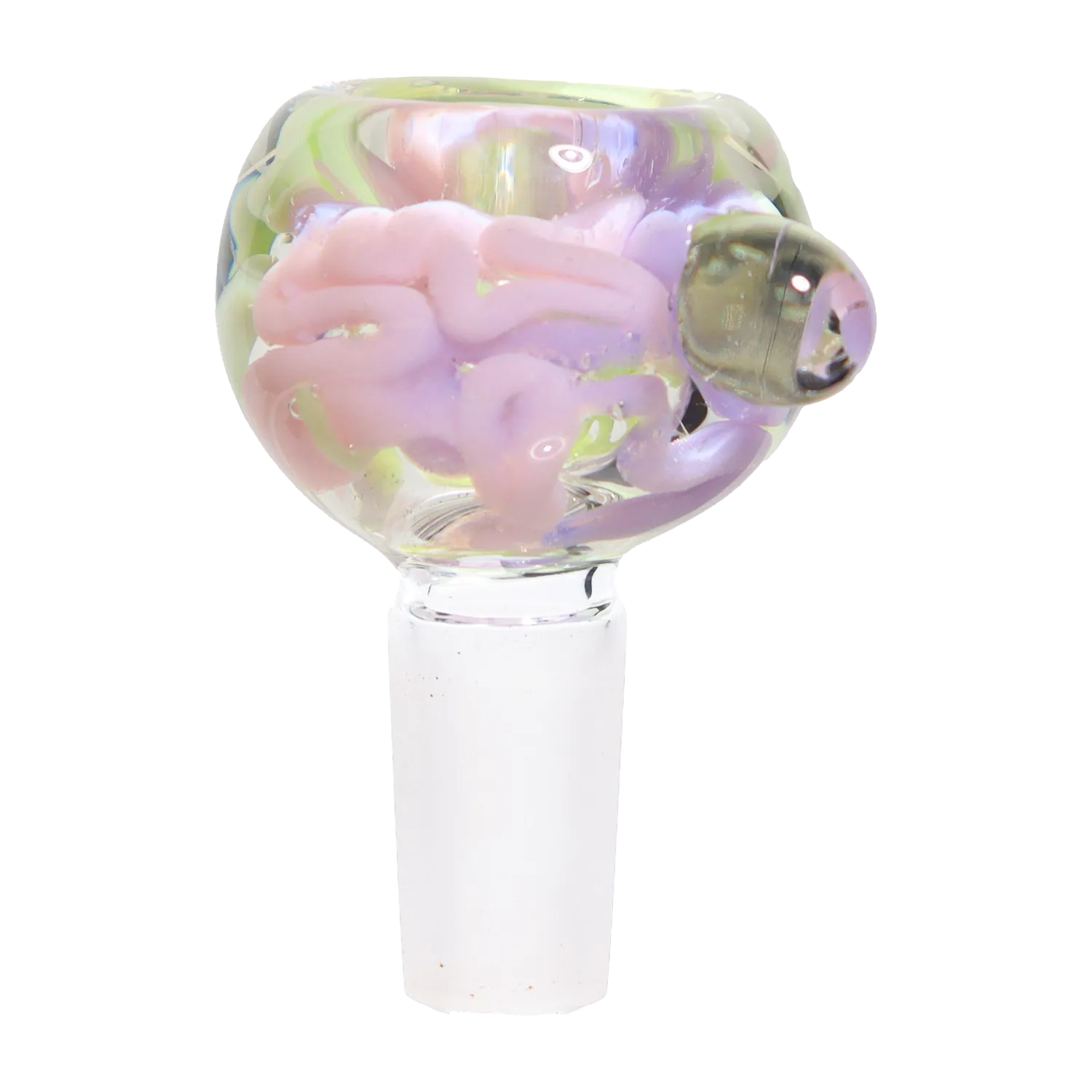 Close-up front view of the DHC Color Slime Bowl - 14mm showing a rounded clear glass bowl with swirls of pink, lavender and iridescent green.