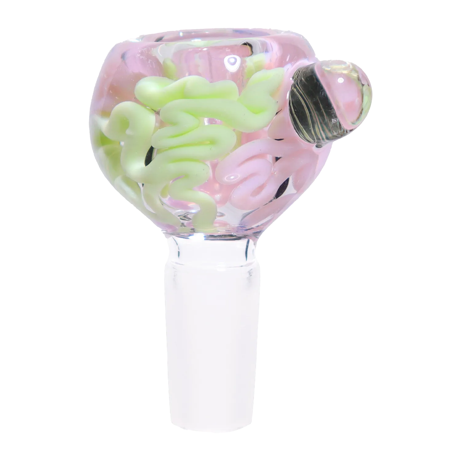Close-up front view of the DHC Color Slime Bowl - 14mm showing its pink glass bowl with raised lime-green squiggle decoration and clear stem.