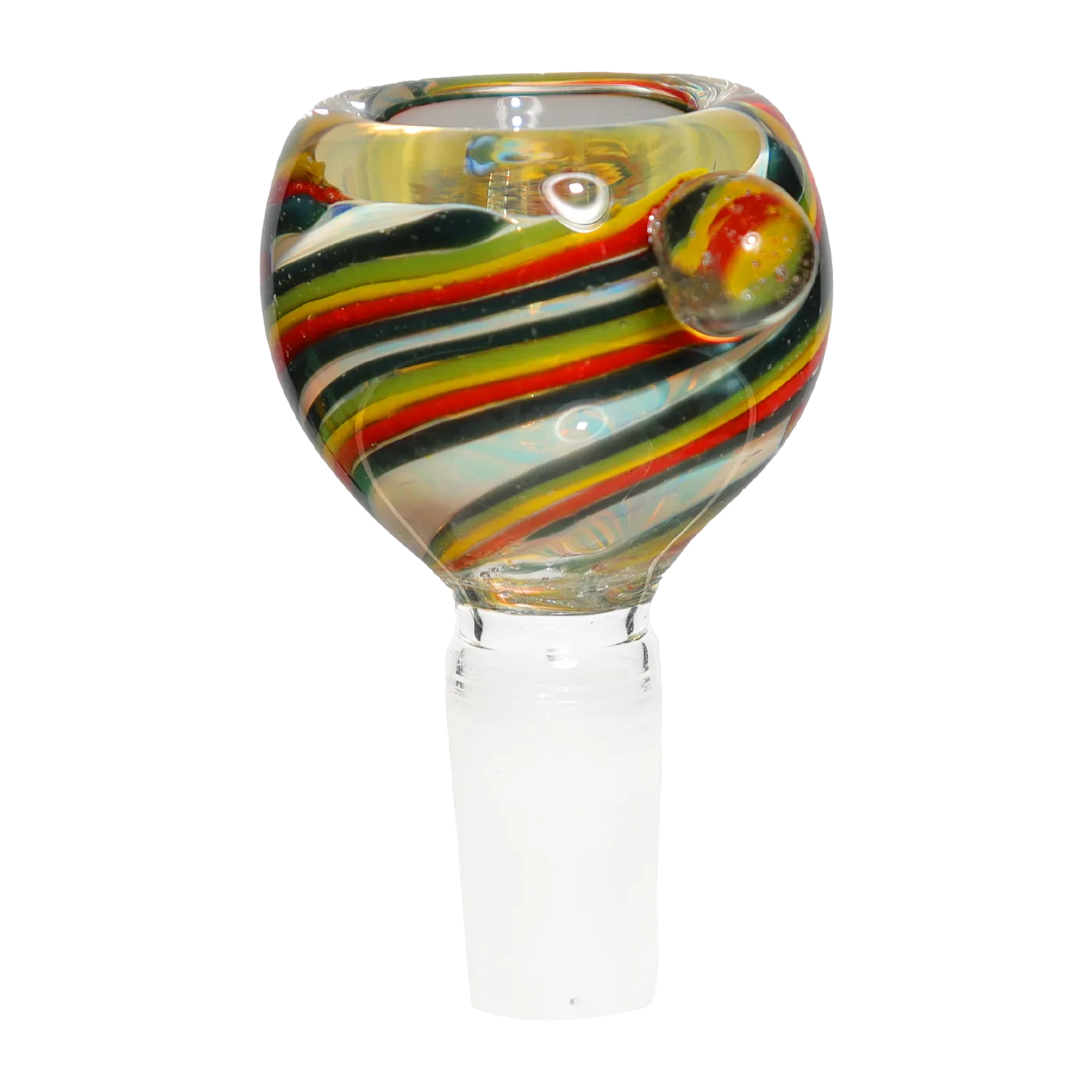 Close-up front view of the DHC Rasta Swirl Bowl - 14mm showing curved glass with red, yellow, green and black diagonal swirls.