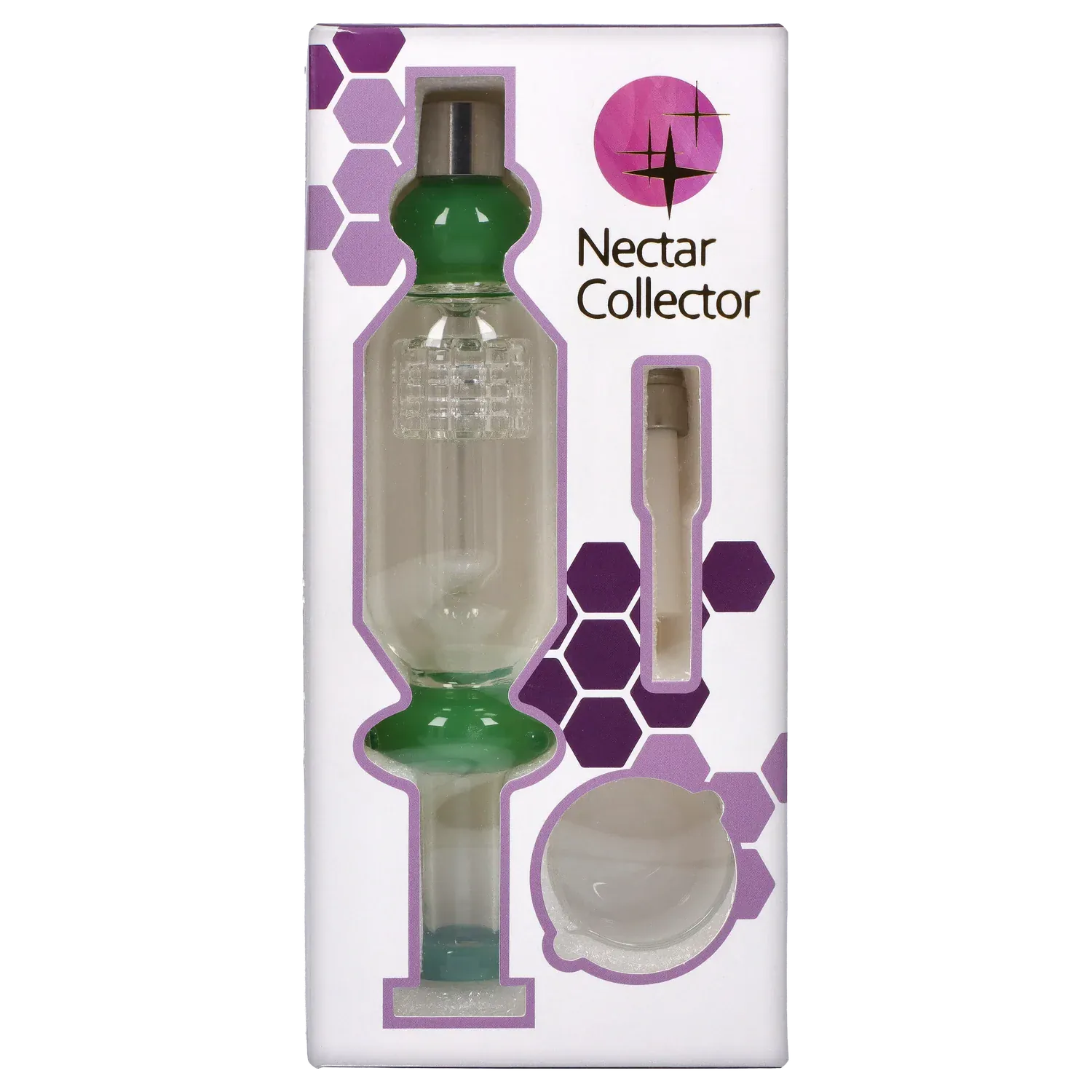 Top-down view of the packaged DHC Shower Head Perc Nectar Collector - 14mm showing the green-accented glass pieces visible through die-cut purple-bordered windows.