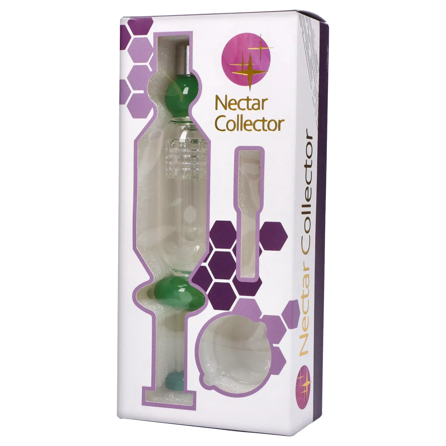 Angled front view of the DHC Shower Head Perc Nectar Collector - 14mm in its white box showing the green glass pieces through die-cut windows.