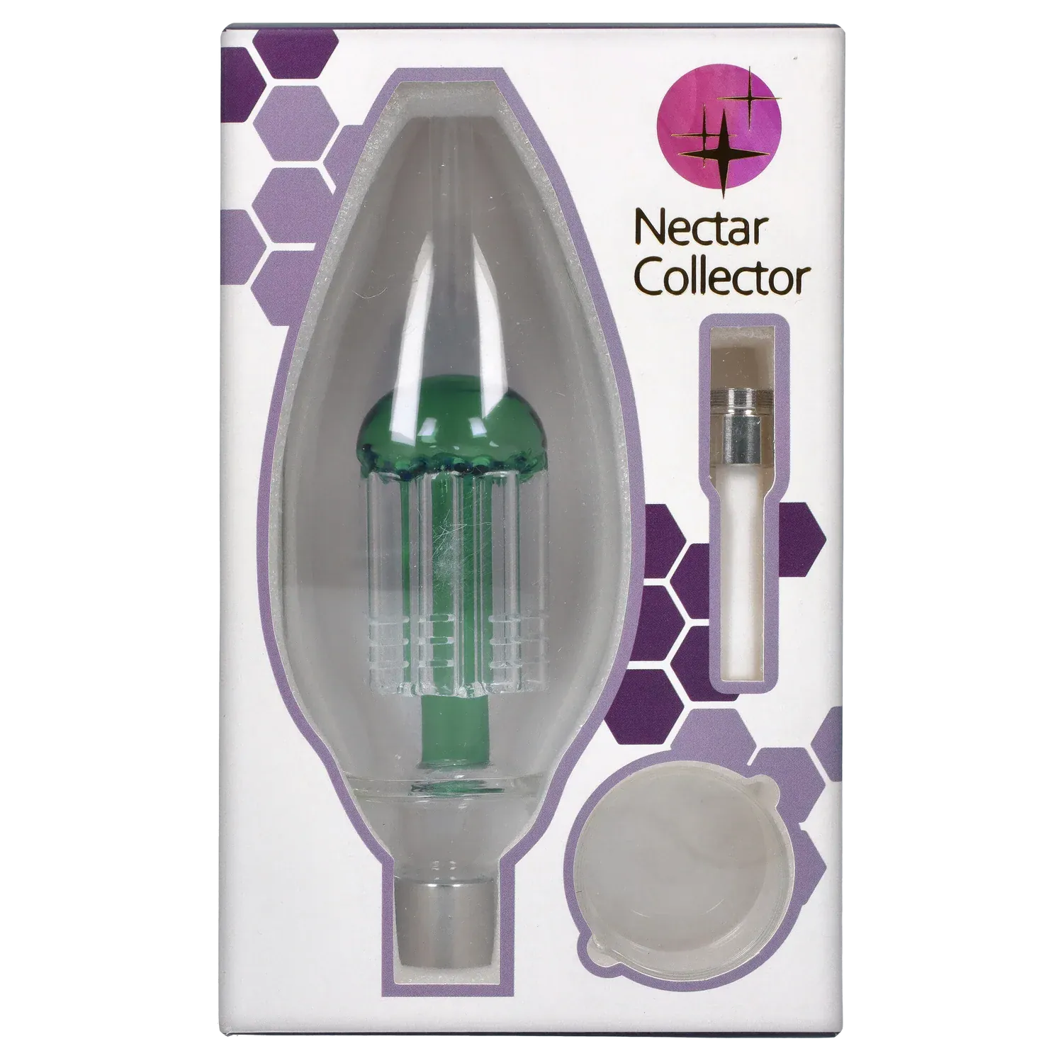 Front-facing product window showing the DHC Egg With Tree Perk Blue Nectar Collector's blue-tinted glass tip and accessories against white packaging with purple hexagon accents.