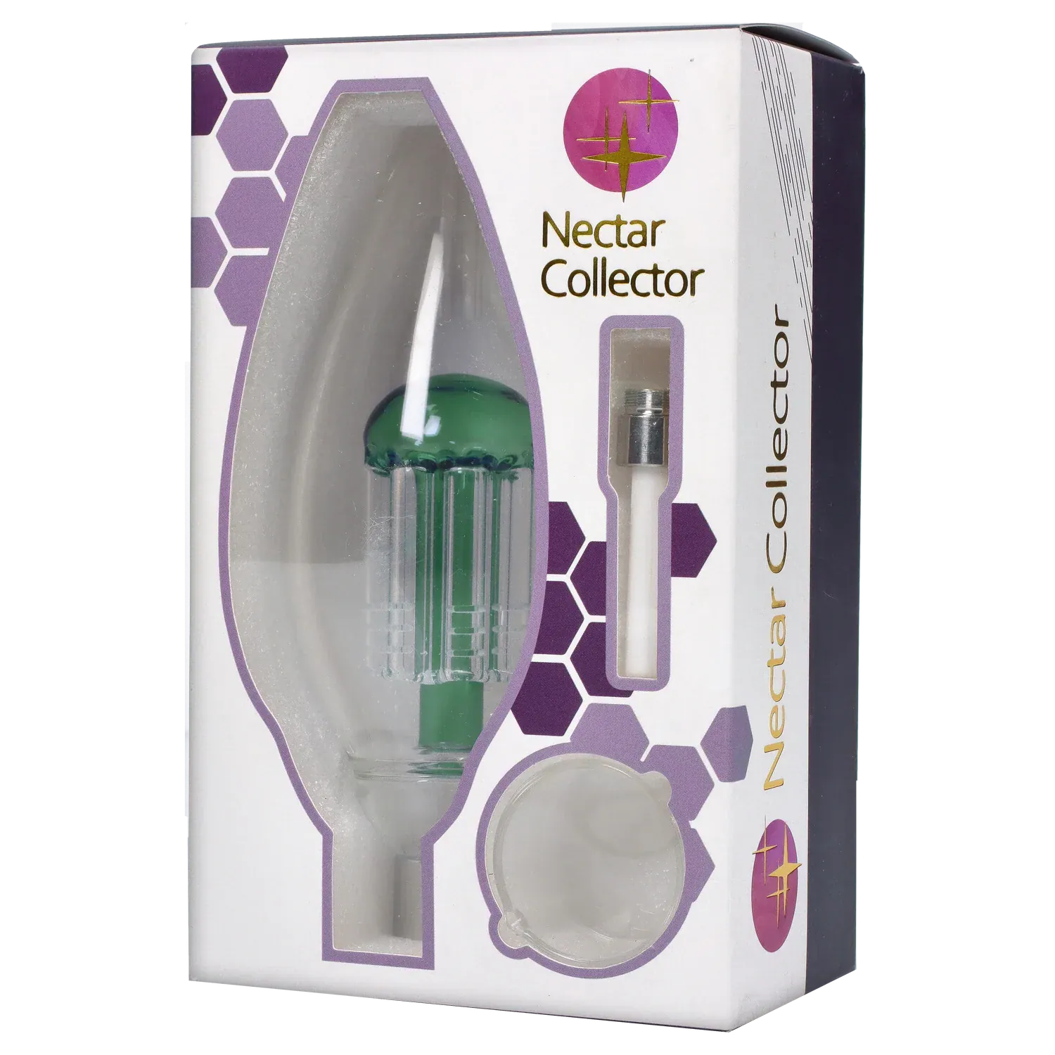 Angled close-up of the DHC Egg With Tree Perk Blue Nectar Collector in its white windowed box, showing the green tree perk and a metal tip.