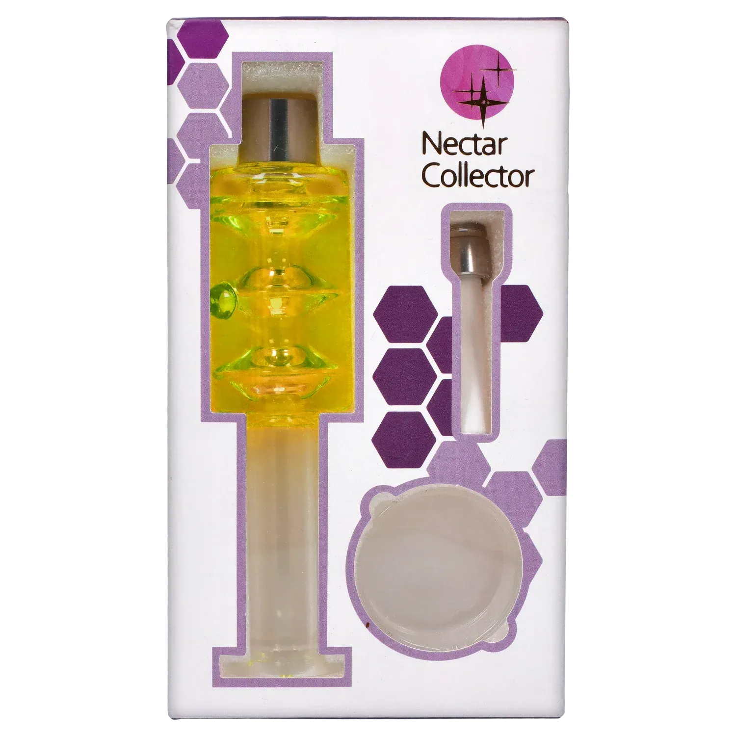 Top-down view of the yellow DHC Freezable Glycerin Nectar Collector in its packaging, showing the glass tip, frosted tube, and honeycomb graphic.