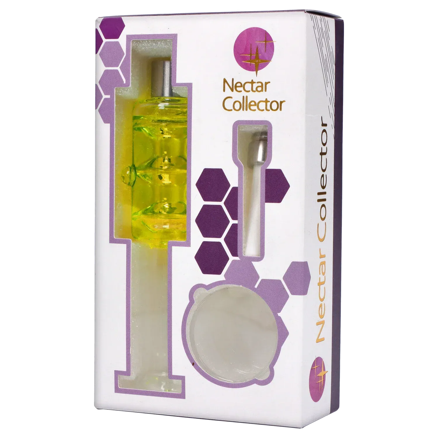 Front three-quarter view of the DHC Freezable Glycerin Nectar Collector in its white box, showing a yellow glass tip through a die-cut window and purple hexagon graphics.
