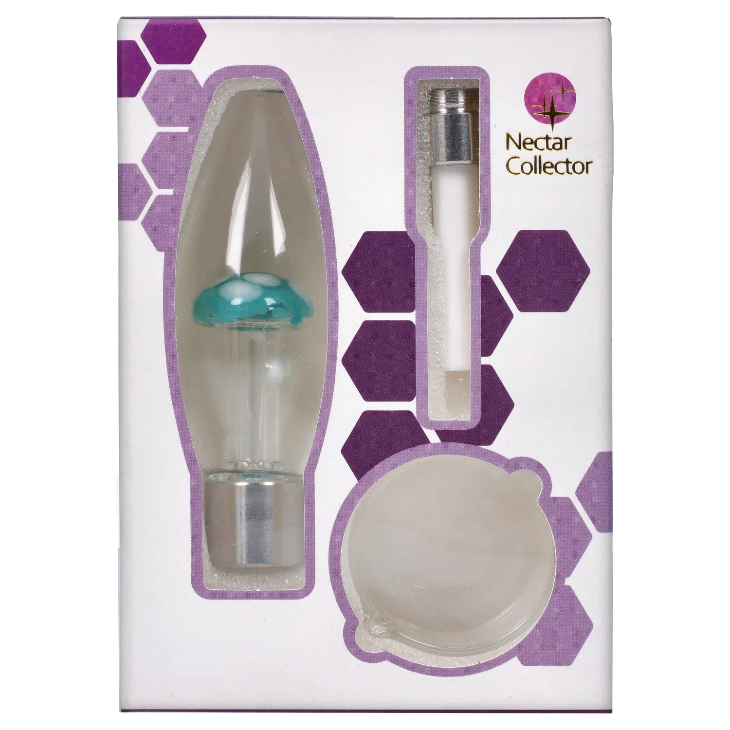 Front-facing product window showing the DHC Mini Egg with Mushroom Perc Nectar Collector's glass mushroom percolator and metal tip against a white box with purple hexagon graphics.