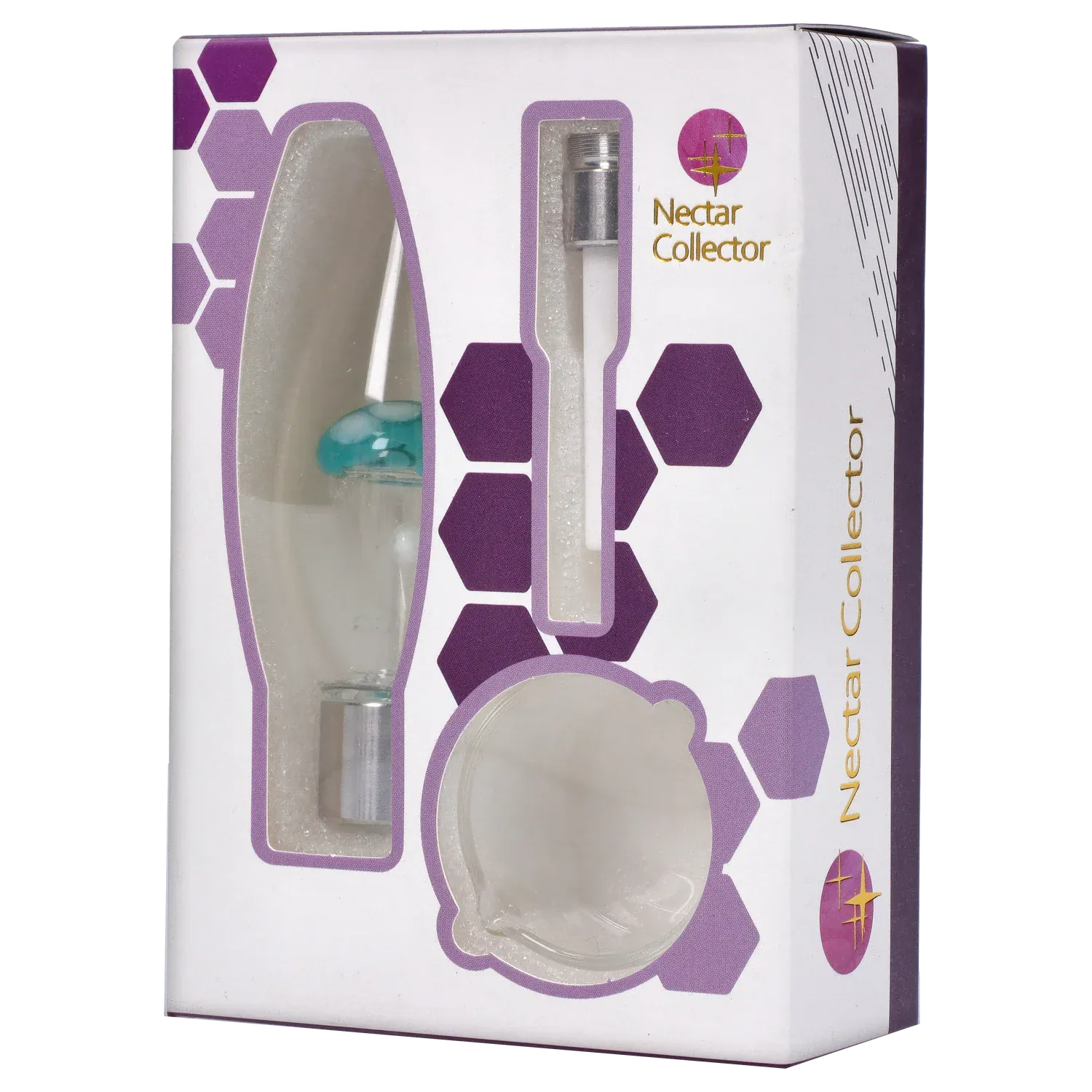 Angled close-up of the DHC Mini Egg with Mushroom Perc Nectar Collector in its white and purple windowed box showing the teal-topped glass piece and metal tip.