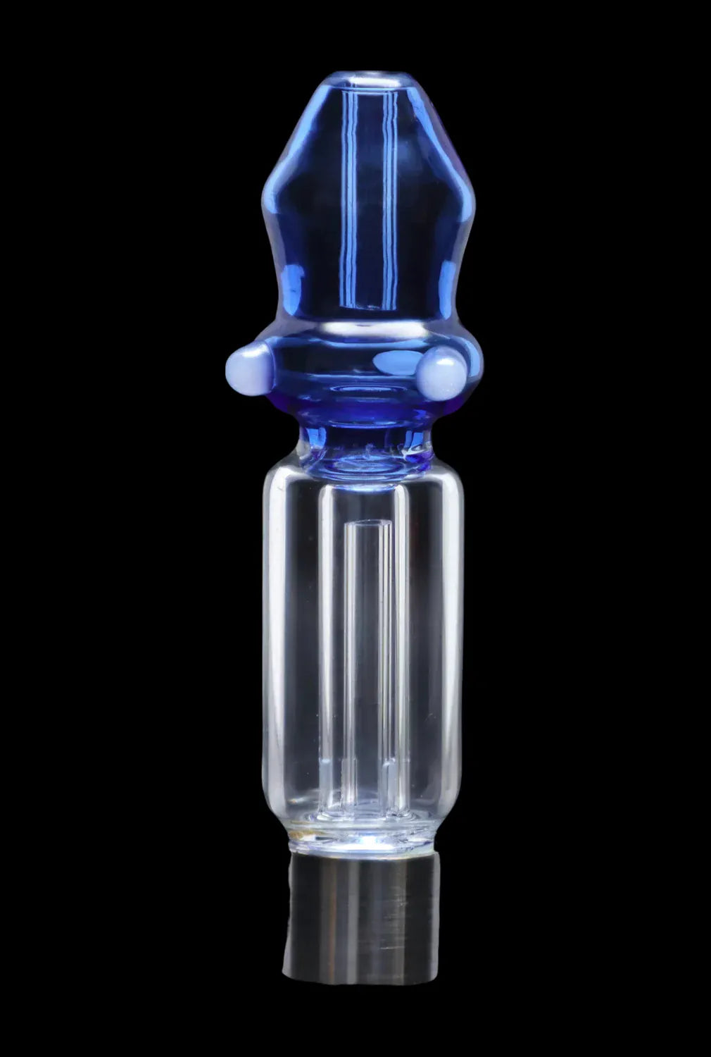 Close-up front view of the DHC Mini Mosque Nectar Collector - 10mm showing a clear glass body with a frosted pink-tinted, bulbous mouthpiece against a black background.