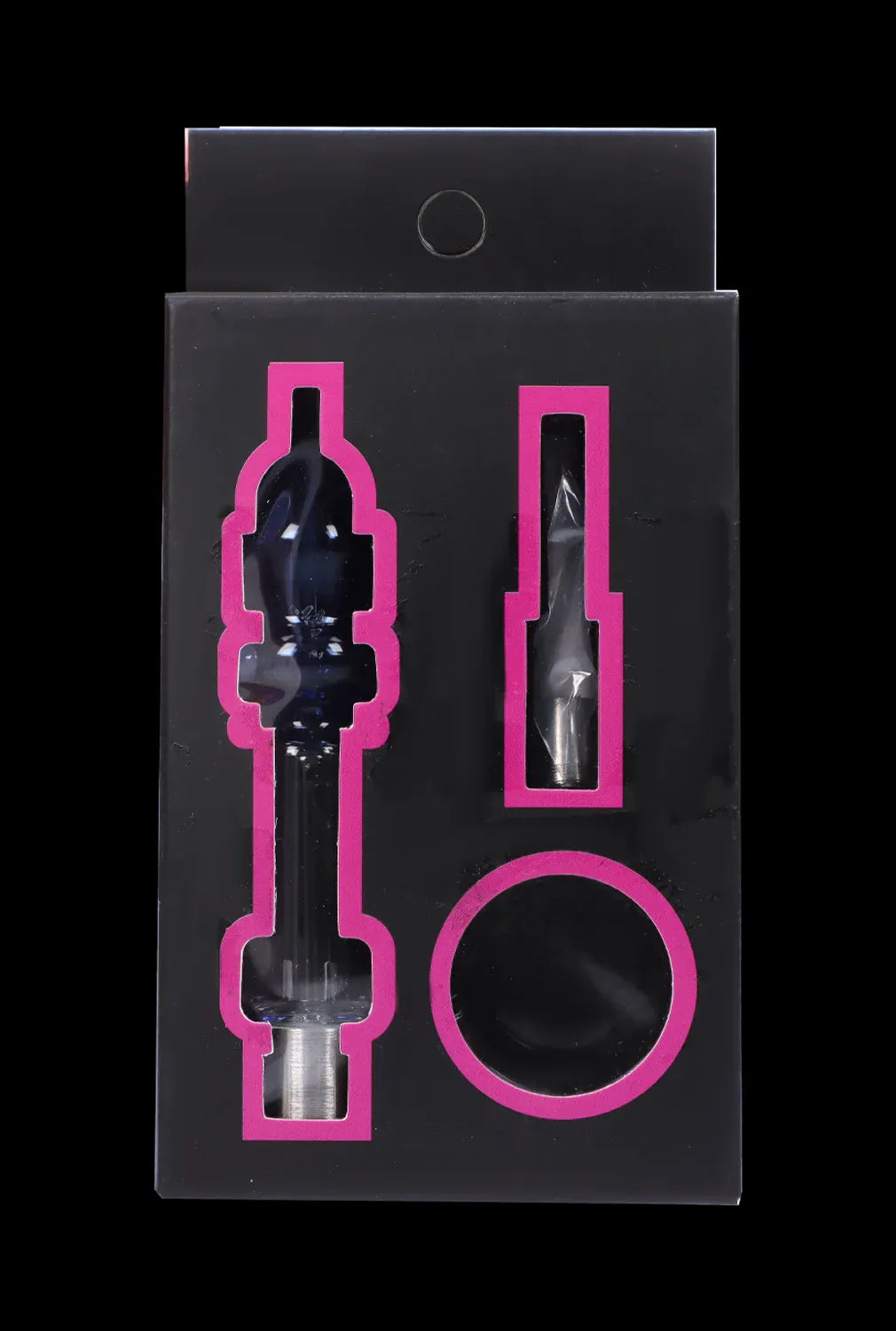 Front-facing shot of the Frost DHC Mini Mosque Nectar Collector - 10mm set in black packaging with pink cutouts revealing the glass components against a dark background