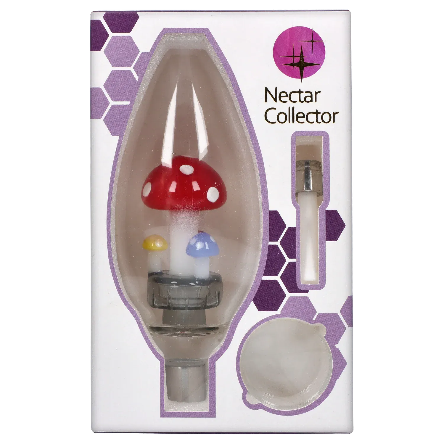 Close-up front view of the DHC Egg with Mushroom Perc Nectar Collector - 14mm boxed in white and purple, showing a red spotted glass mushroom inside a clear window.