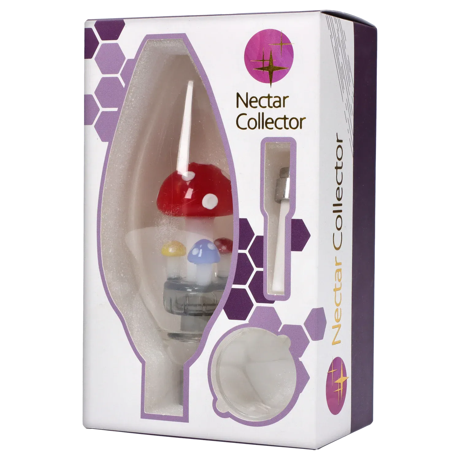 Three-quarter front view of the DHC Egg with Mushroom Perc Nectar Collector - 14mm in its white and purple windowed box showing a red-topped mushroom perc and metal tip.