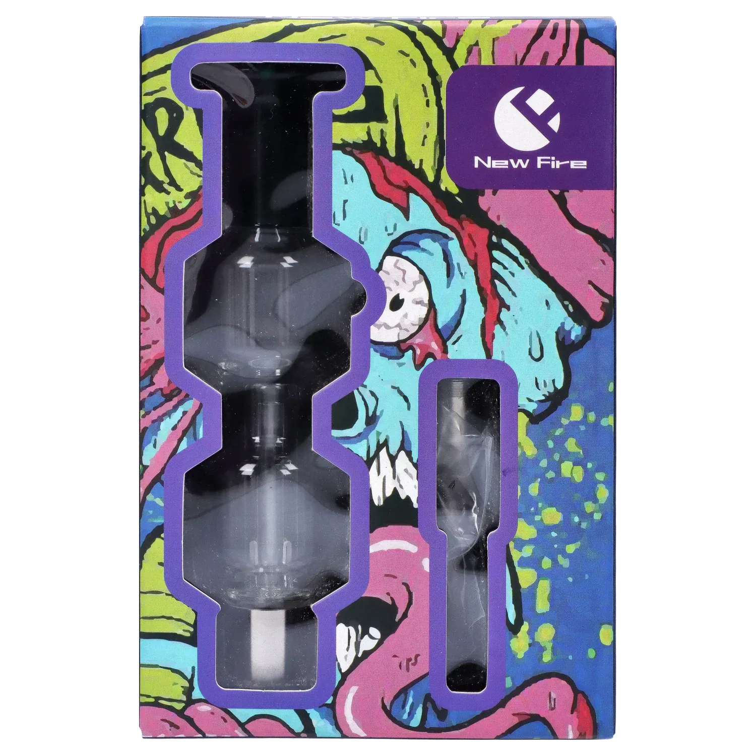Front-facing view of the New Fire Falcon Nectar Collector - 14mm in green shown inside colorful graffiti-style windowed packaging.
