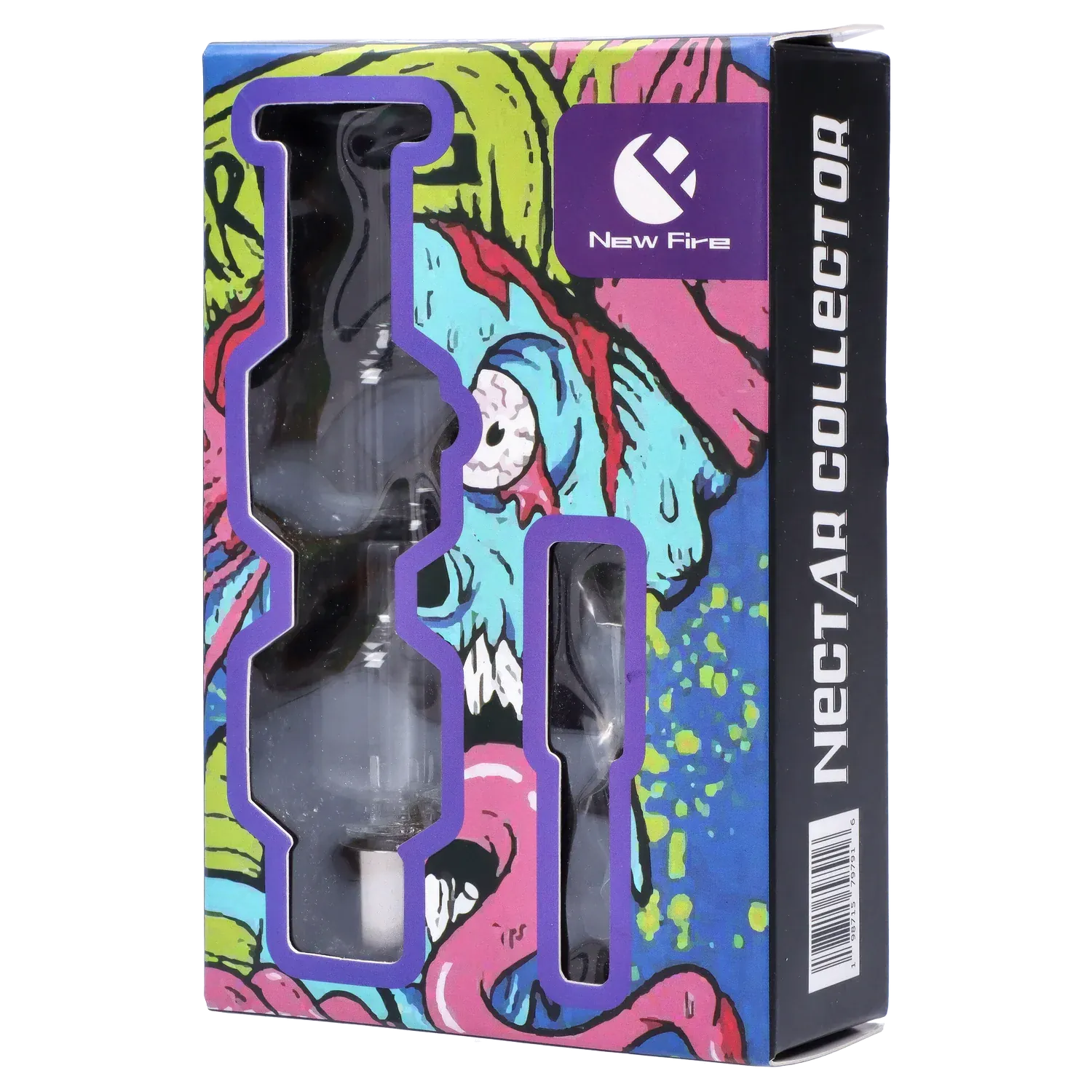 Angled front view of the New Fire Falcon Nectar Collector - 14mm in its colorful windowed box showing the light-blue piece through purple-trimmed cutouts.