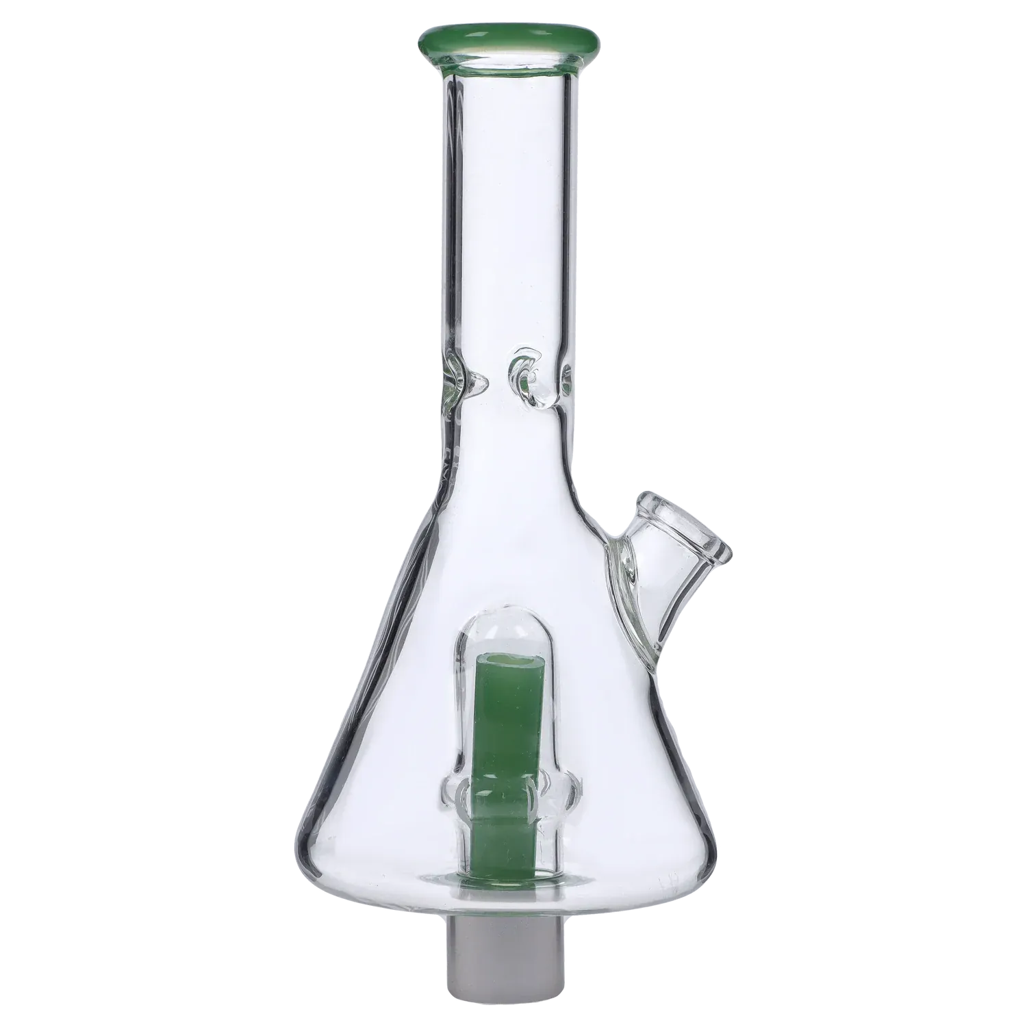 Centered frontal view of the clear DHC Beaker Nectar Collector - 14mm showing its conical beaker base, straight neck with green-rimmed mouthpiece, and angled clear joint.