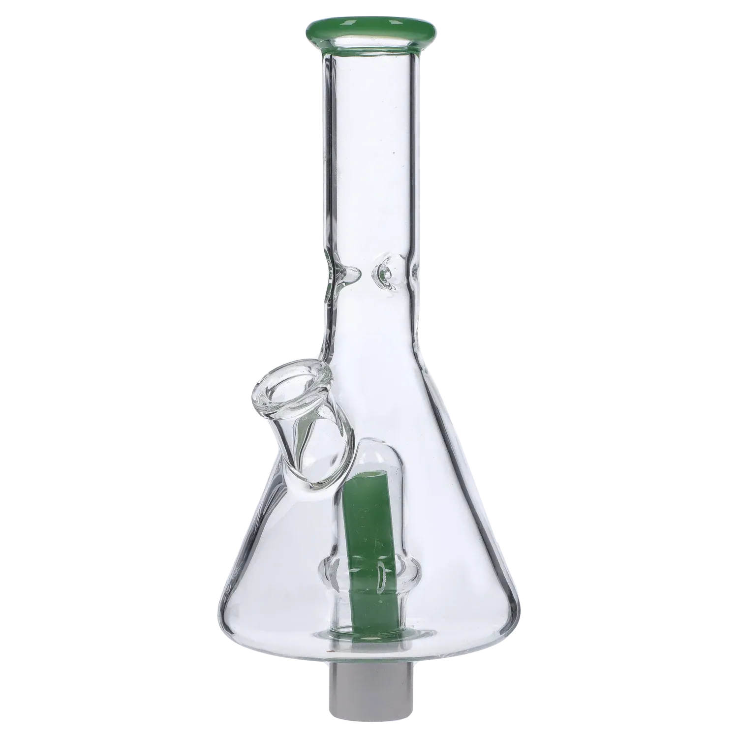 Close-up front view of the DHC Beaker Nectar Collector - 14mm showing a clear glass beaker body with a green internal straw and matching green rim.
