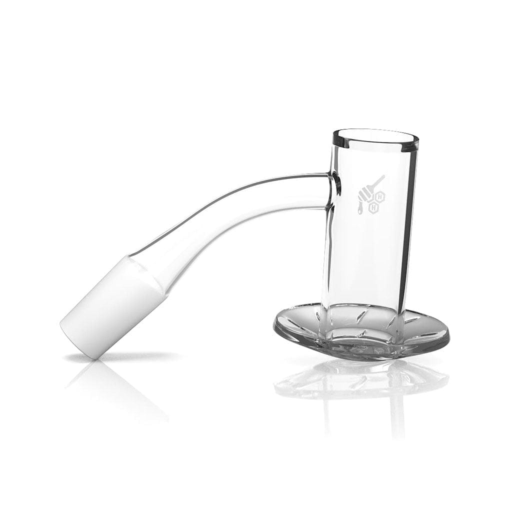 Side view of the clear Honeybee Herb Beehive Quartz Banger - 45° Degree | Yl showing its 45-degree angled neck, cylindrical bucket and flared honeycomb-patterned base on a white background.