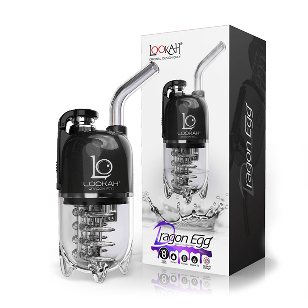 Three-quarter front view of a black Lookah Dragon Egg Vaporizer with a clear lower chamber showing a spiral percolator, positioned beside its matching retail box on a white background.