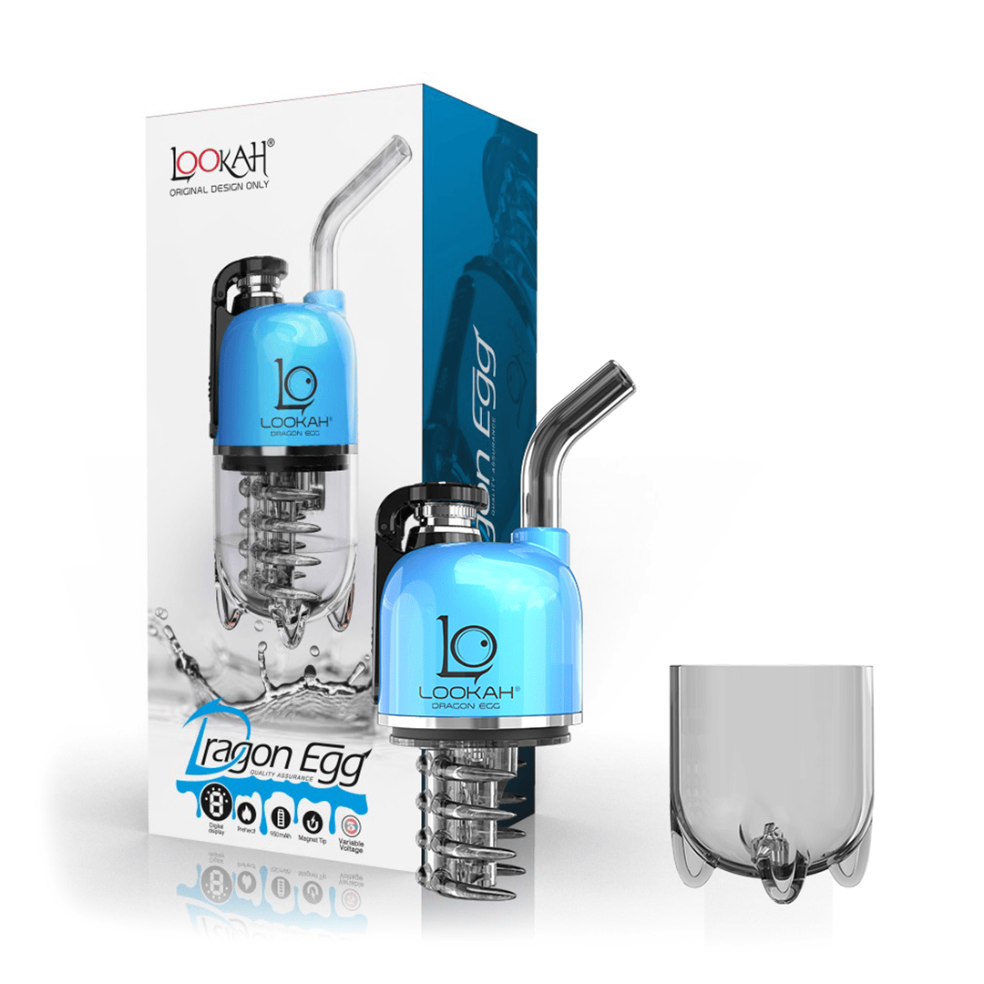 Front three-quarter view of the blue Lookah Dragon Egg Vaporizer with its curved glass mouthpiece, visible spiral percolator and retail box behind it.