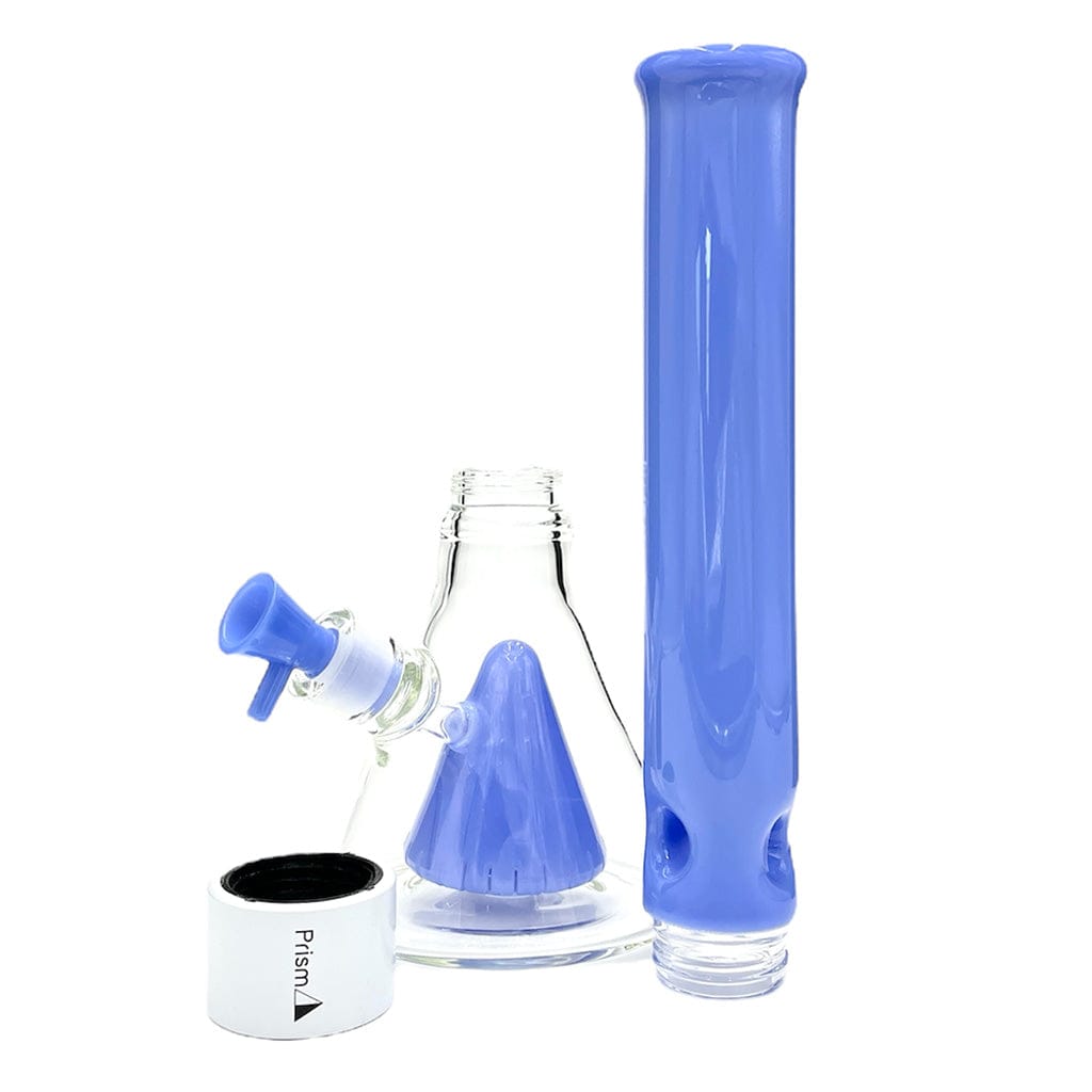 Front three-quarter view of the Percolated Beaker Single Stack showing a clear glass beaker chamber with a purple tie-dye style cone perc and matching tall purple mouthpiece against a white background