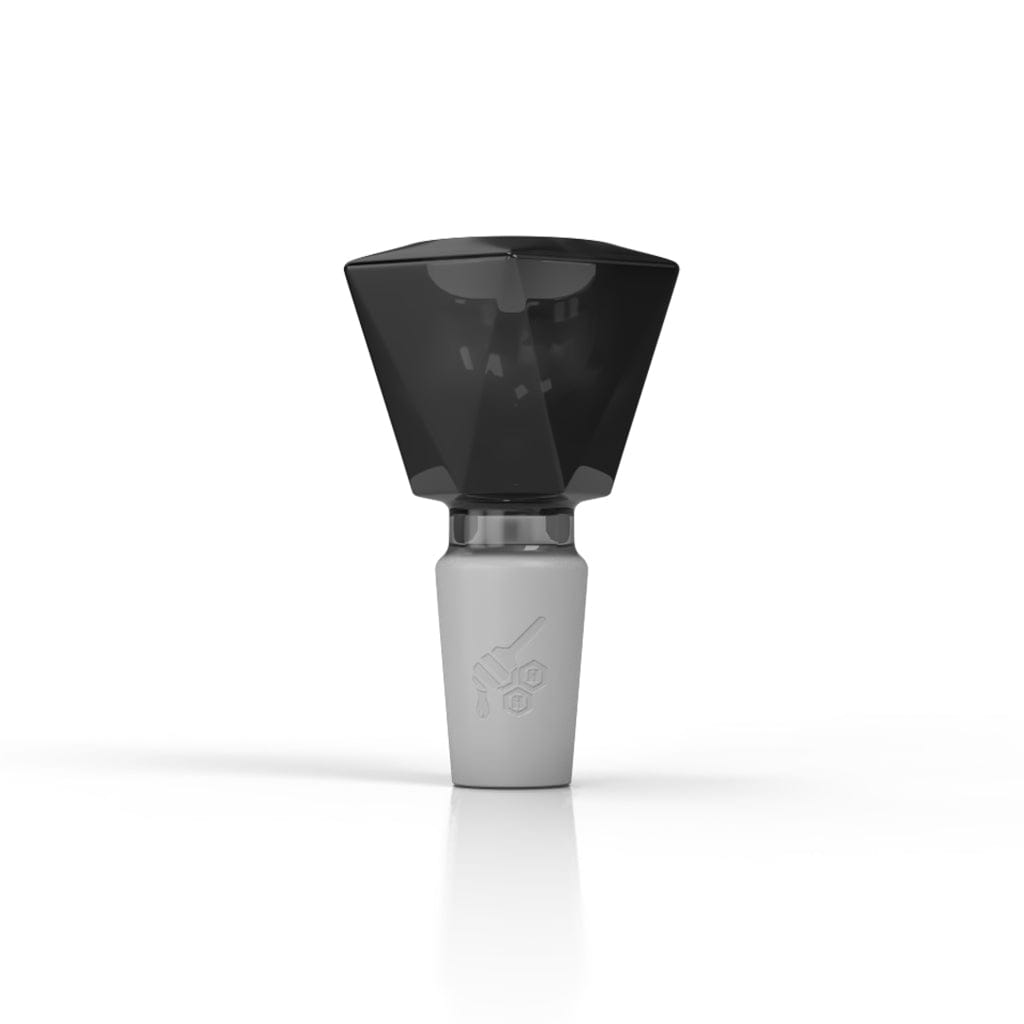 Front-facing view of the Honeybee Herb Glass Flower Bowl (Fb-4) with a faceted dark blue flower-shaped top mounted on a frosted gray male 14mm joint against a white background.