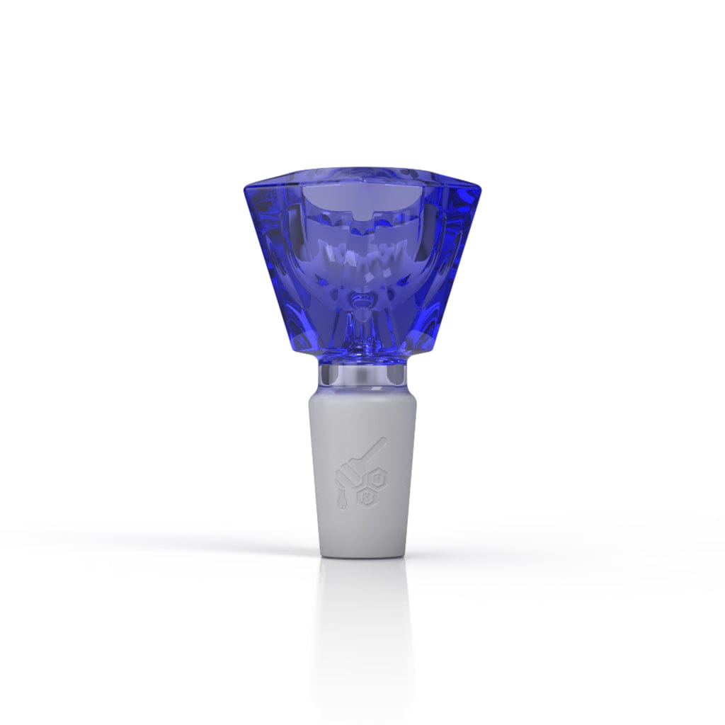 Centered front view of the Honeybee Herb Glass Flower Bowl (Fb-4), showing a faceted blue glass flower-shaped top on a frosted white stem against a white background.
