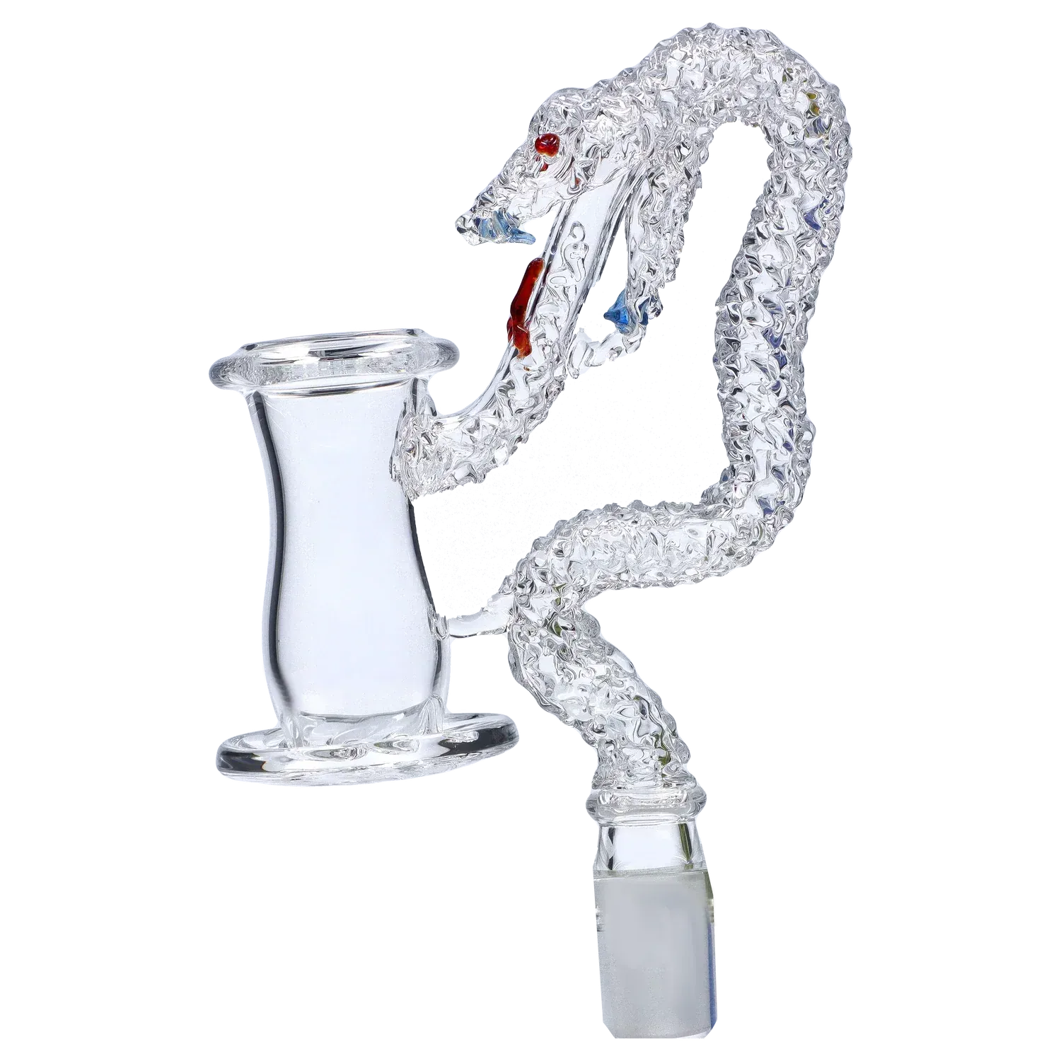 Close-up side view of the Quartz Handmade Premium Banger (QZ-53), showing a textured clear glass neck with red and blue accent knobs against a pale background
