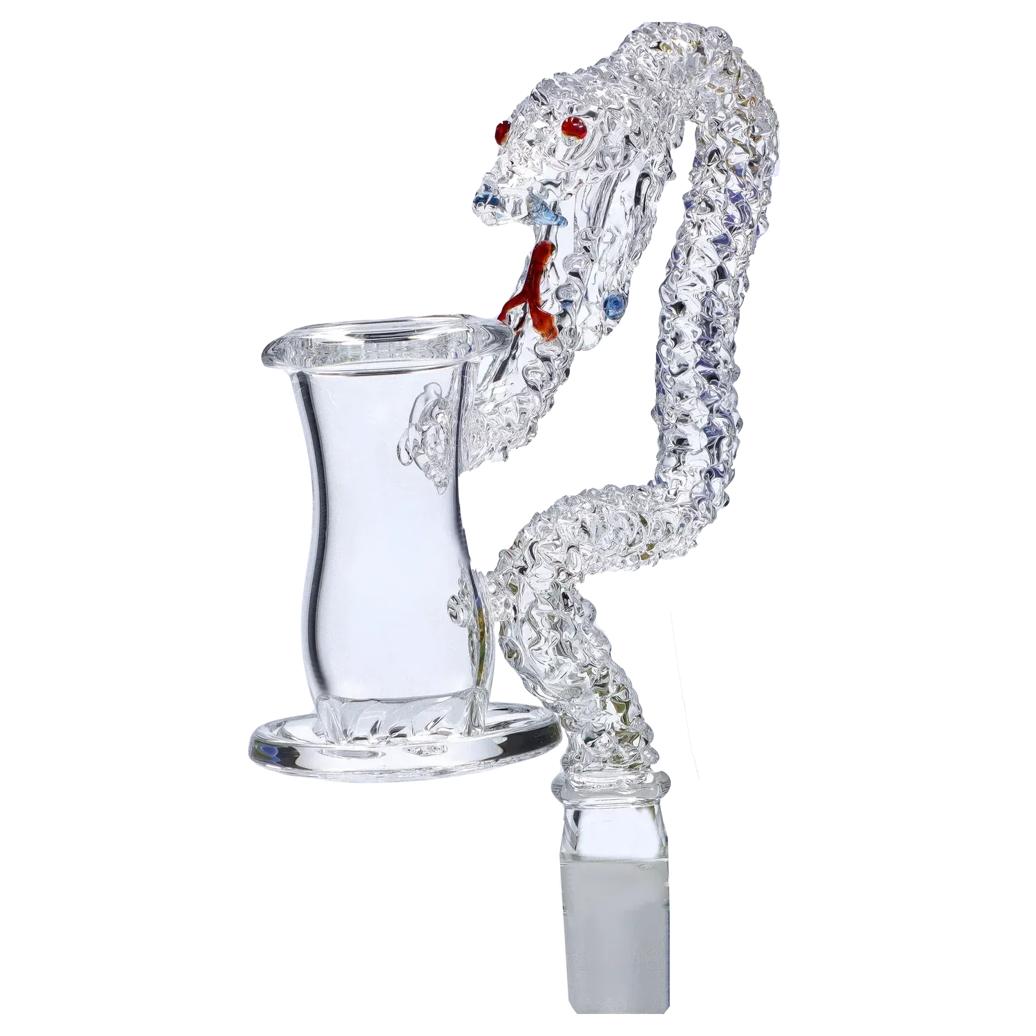 Close-up of the Quartz Handmade Premium Banger (QZ-53) showing a clear textured glass dragon-like neck with red eye accents and flared bowl.