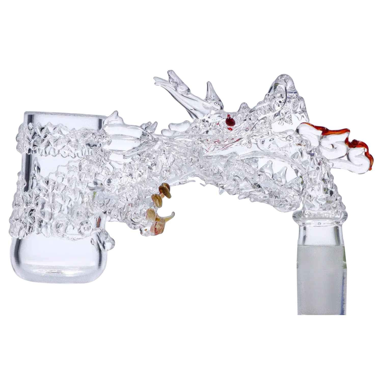 Side view of the Quartz Handmade Premium Banger (QZ-56) carved in clear glass with a textured dragon-like form and small red and amber accents.