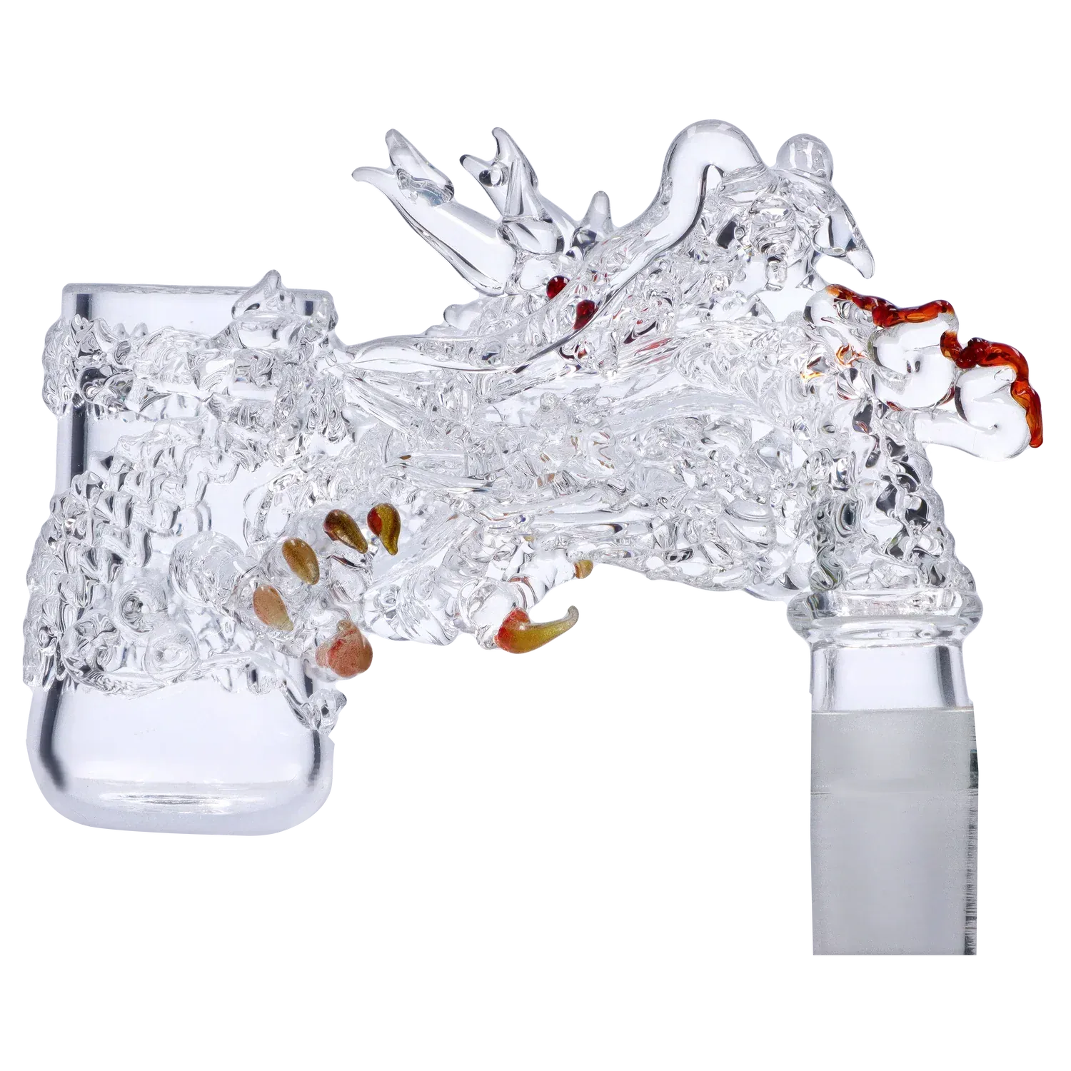Side view close-up of the Quartz Handmade Premium Banger (QZ-56) showing an intricately sculpted clear glass dragon-like form with amber-tipped details against a pale gray background