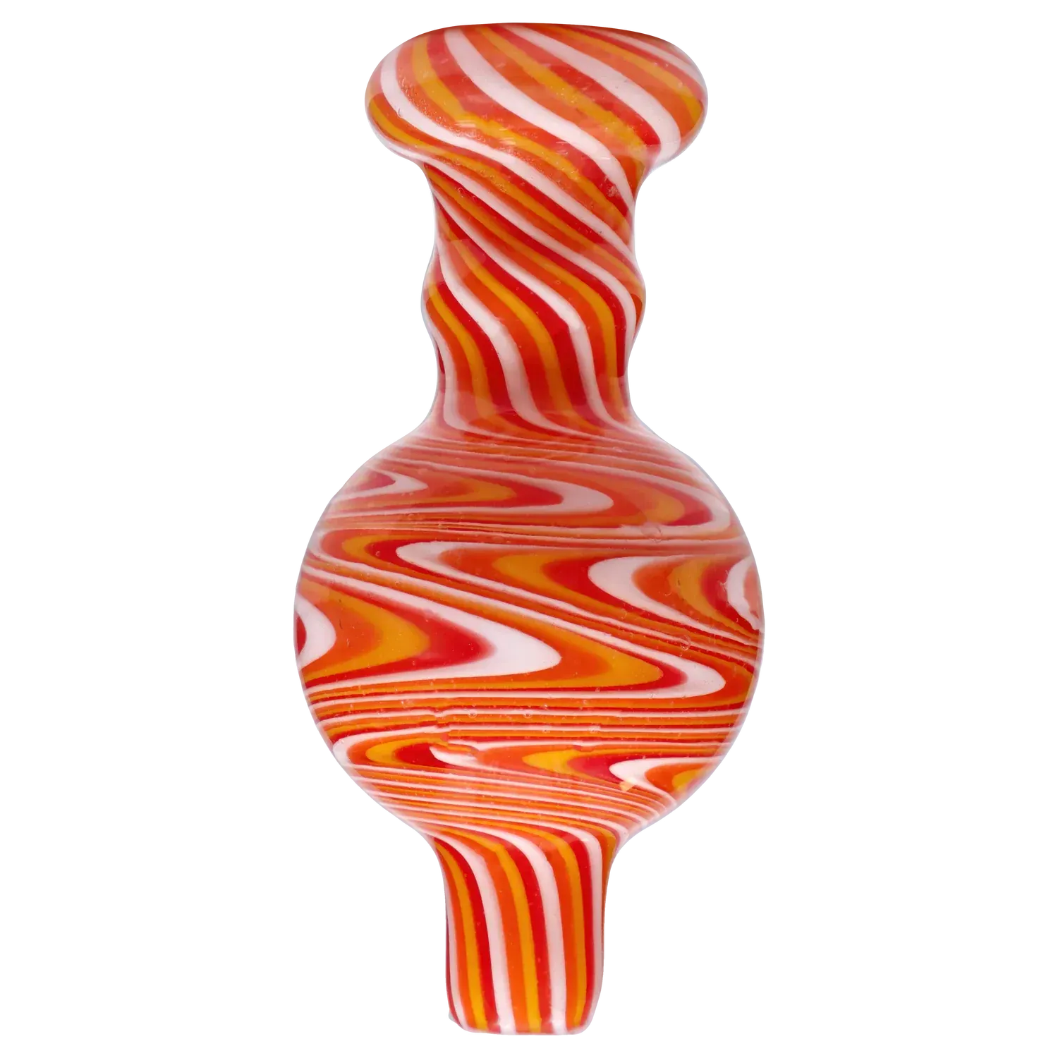 Close-up side view of the DHC Assorted Carb Cap - Assorted colors showing a swirled red, orange, and white glass bulb with a narrow ribbed stem.