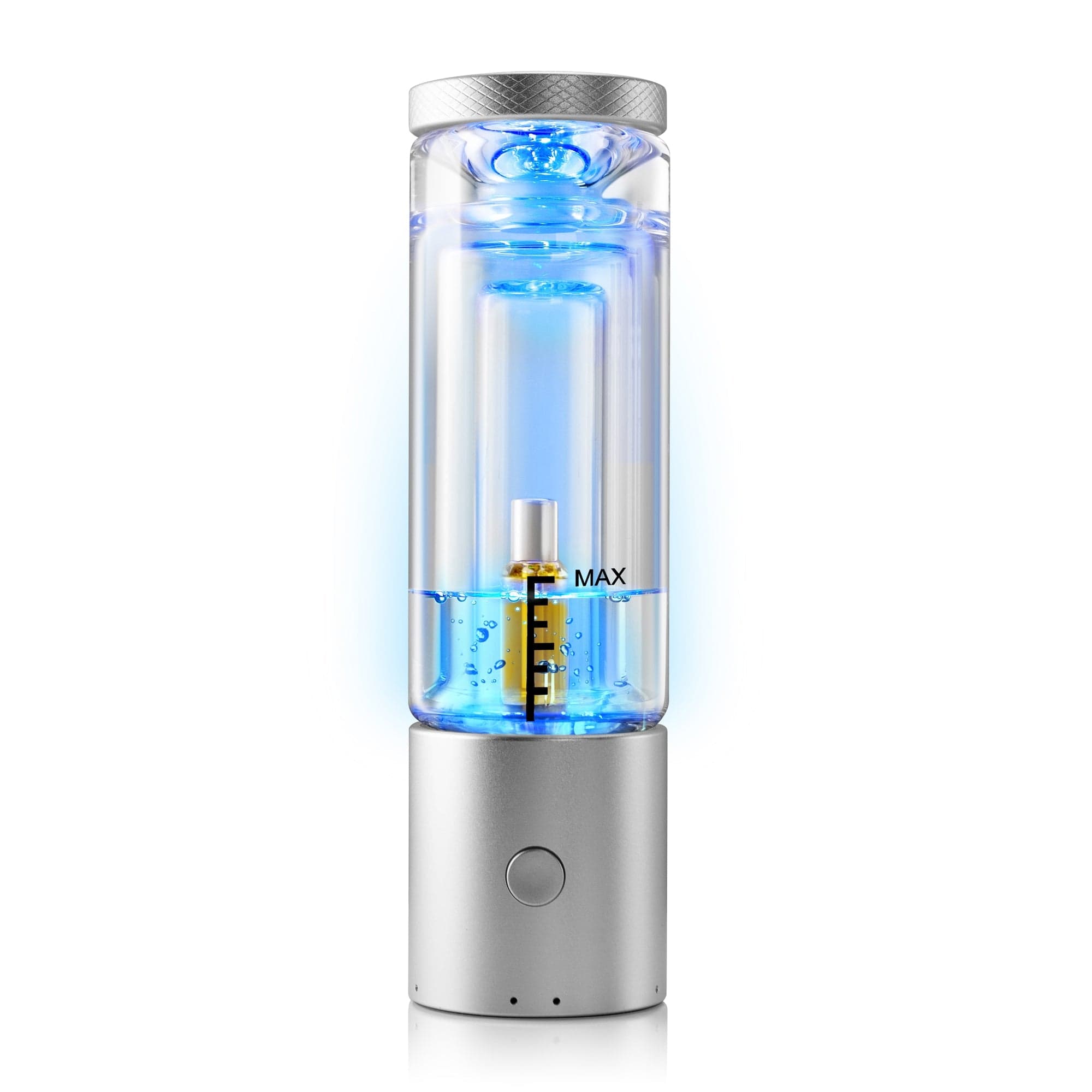 Close-up, front view of the Cloudious9 Carti9 510 Vape Cart Liquid Filtration Vaporizer showing a silver cylindrical body and clear glass chamber with blue-lit water and measurement markings.