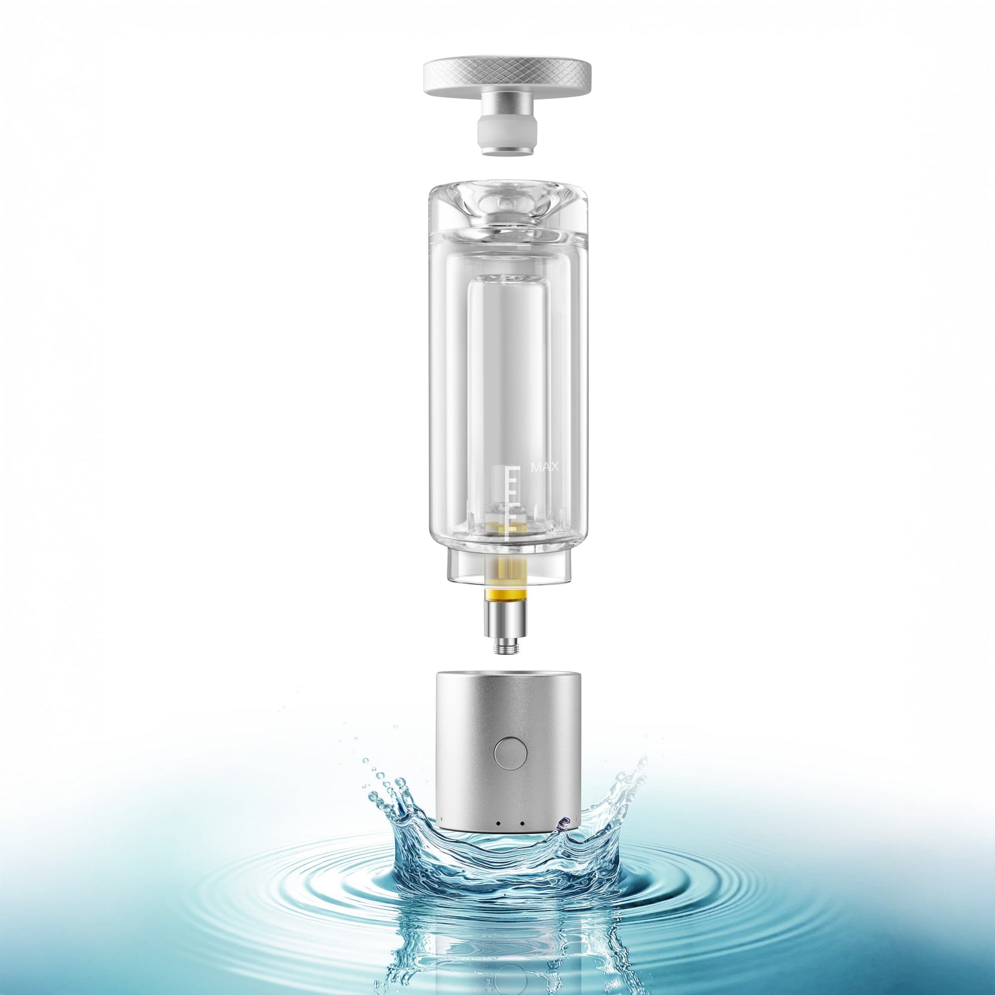 Centered vertical close-up of the Cloudious9 Carti9 510 Vape Cart Liquid Filtration Vaporizer showing its clear chamber and silver cap above splashing water.