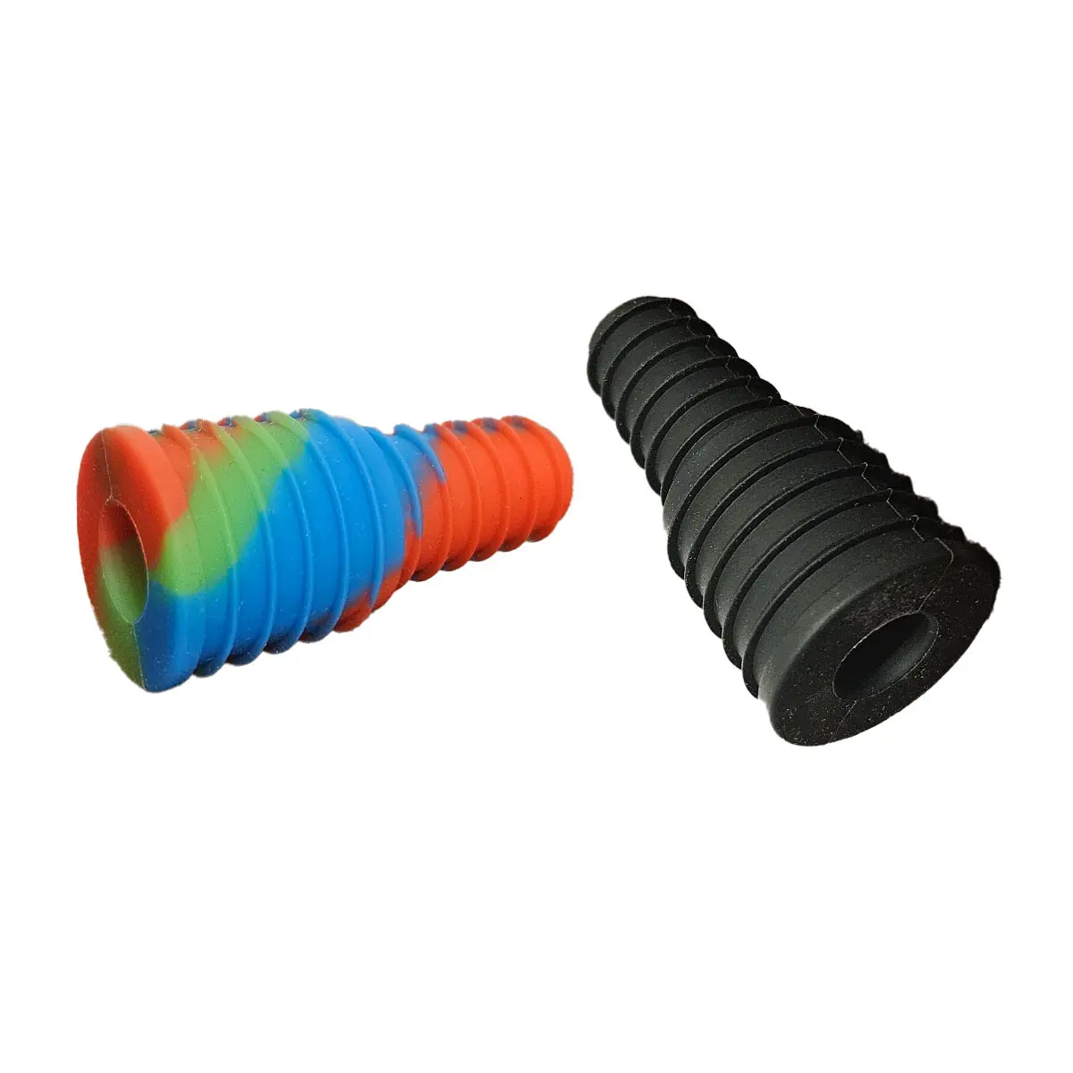 Diagonal studio shot of two ribbed adapters, one multicolor red-green-blue and one solid black, for the Cipher NOVA Water Pipe Adapter