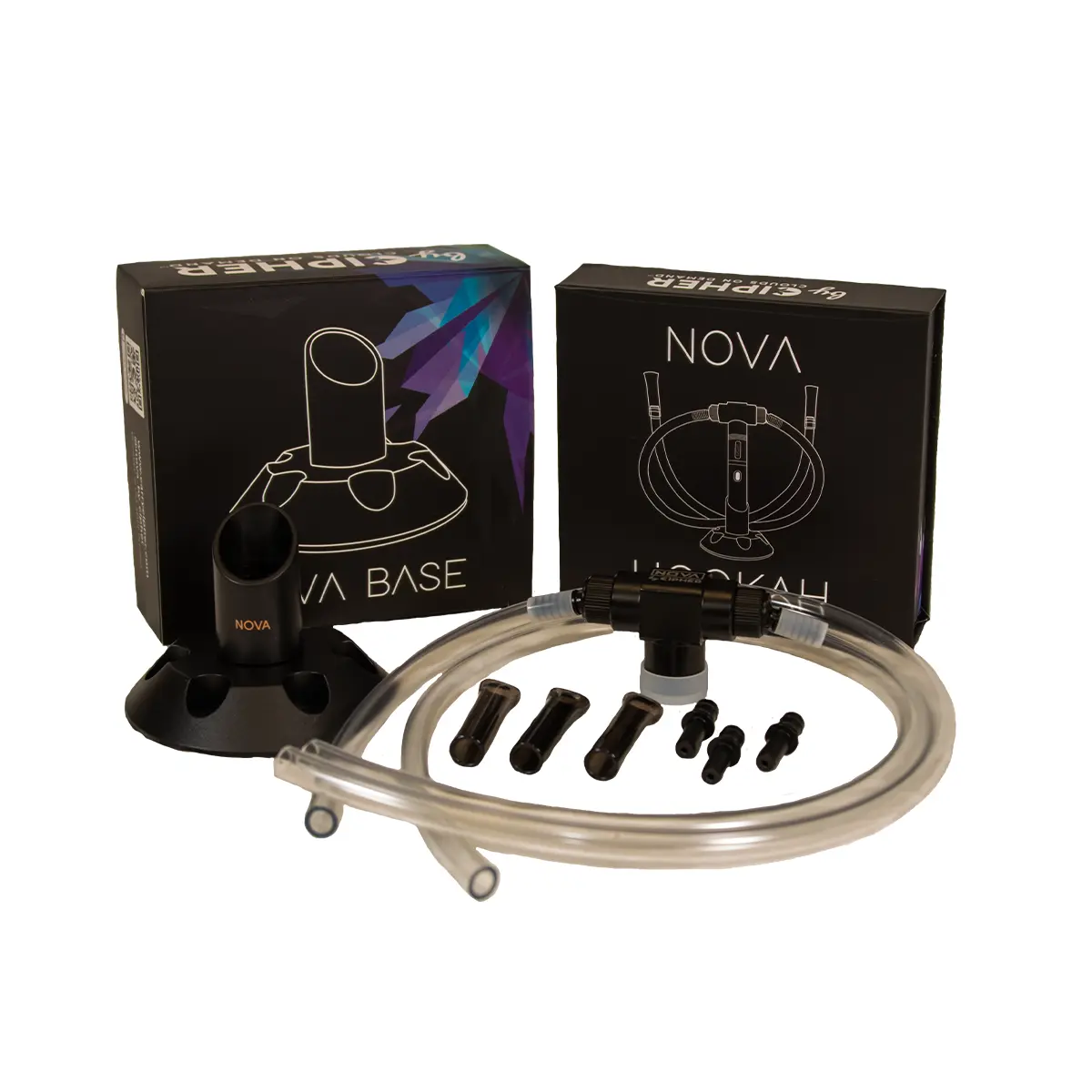 Front-facing shot of the Cipher NOVA Electric Hookah Kit laid out with its black Nova Base and boxed packaging behind a coiled clear hose and four black mouthpieces.