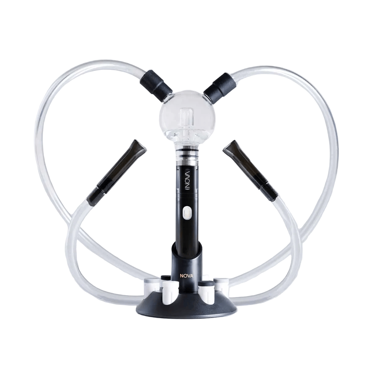 Center-front view of the Cipher NOVA Water Hookah Kit showing its black central stem, clear glass globe, and two translucent hoses arched symmetrically against a white background.