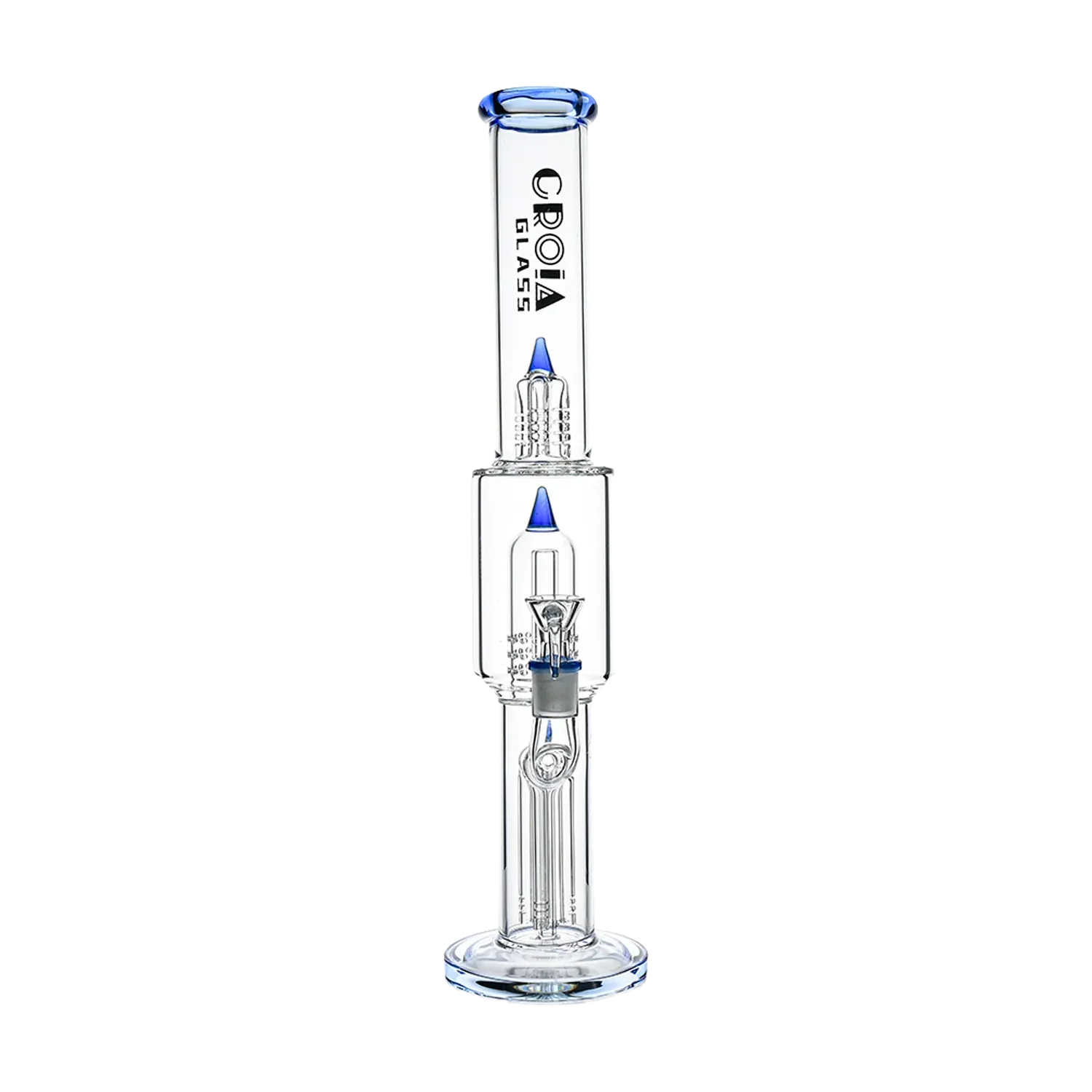 Straight-on studio shot of the Croia Glass 16" Triple Rocket-Perc Scientific Glass Bong | Croia Glass standing upright on a white background, showing its clear glass chambers and blue-tinted accents.
