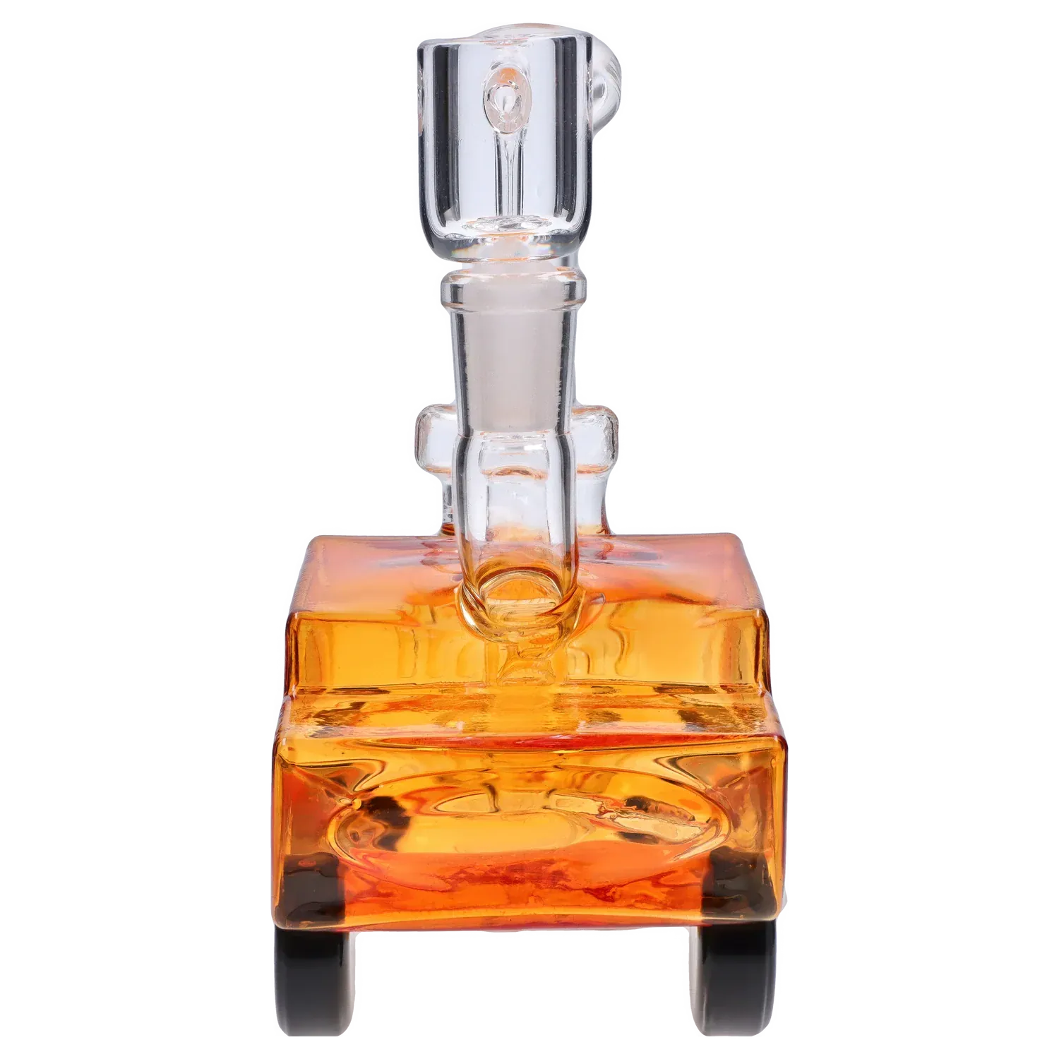 Close-up front view of the glass joint and orange square base of the "Dank City" Smoking Box.