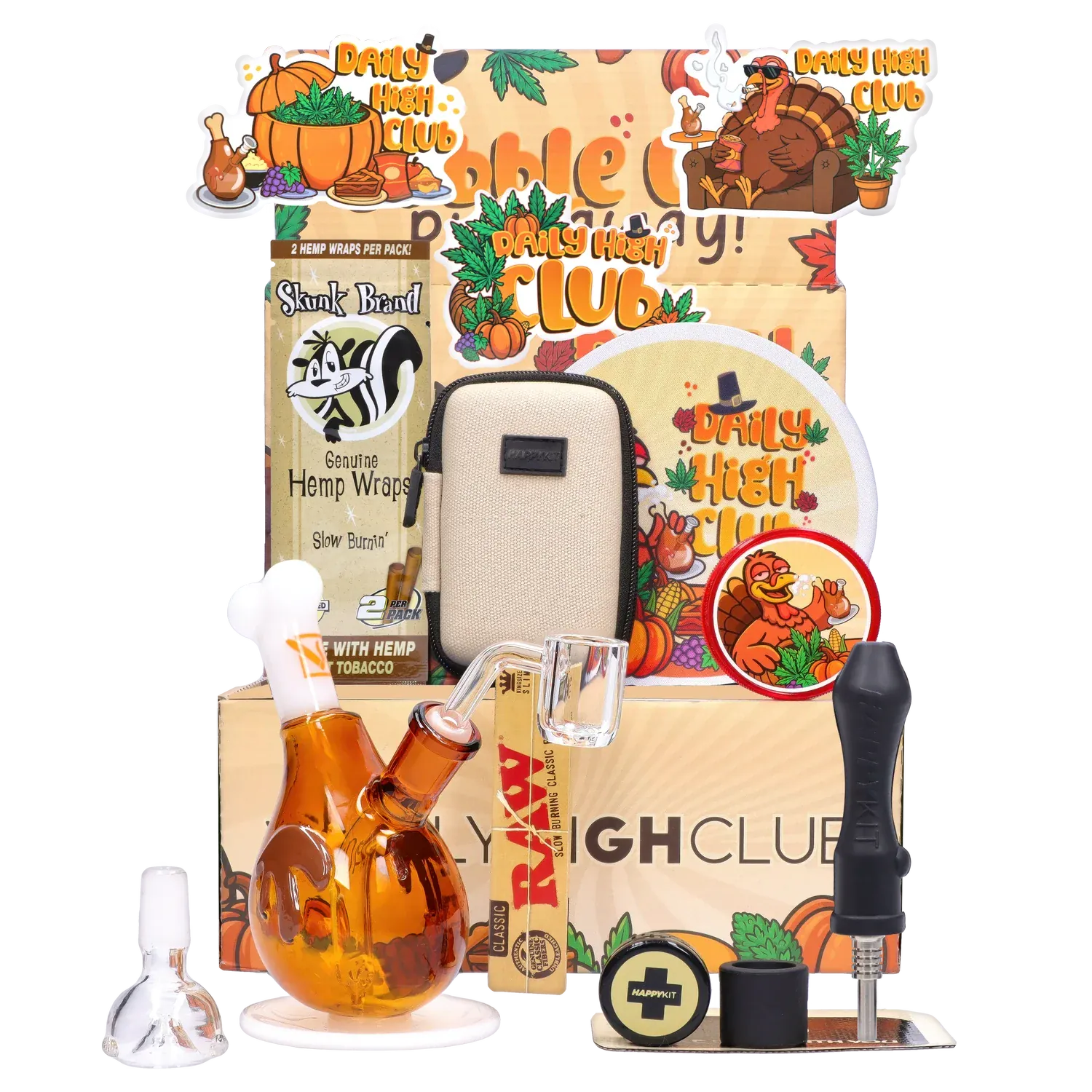 Front-facing arrangement of the "Get Stuffed" Smoking Box showing a pumpkin-shaped amber glass rig, cream zippered pouch, branded stickers, and accessories on a patterned backdrop.