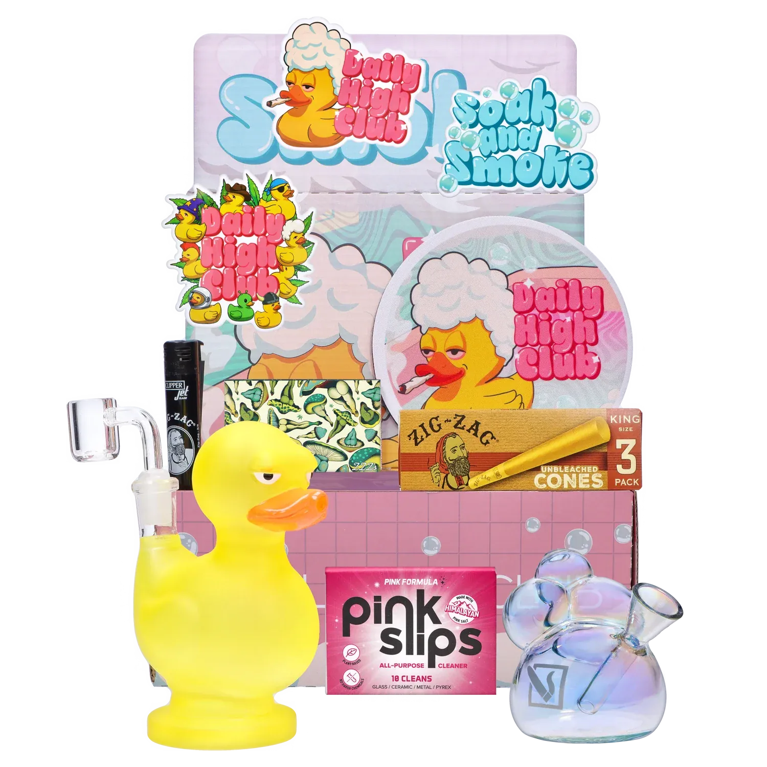 Front-facing arrangement showing the "Soak & Smoke" Smoking Box with a yellow rubber duck bubbler, glass water pipe, and colorful branded stickers.