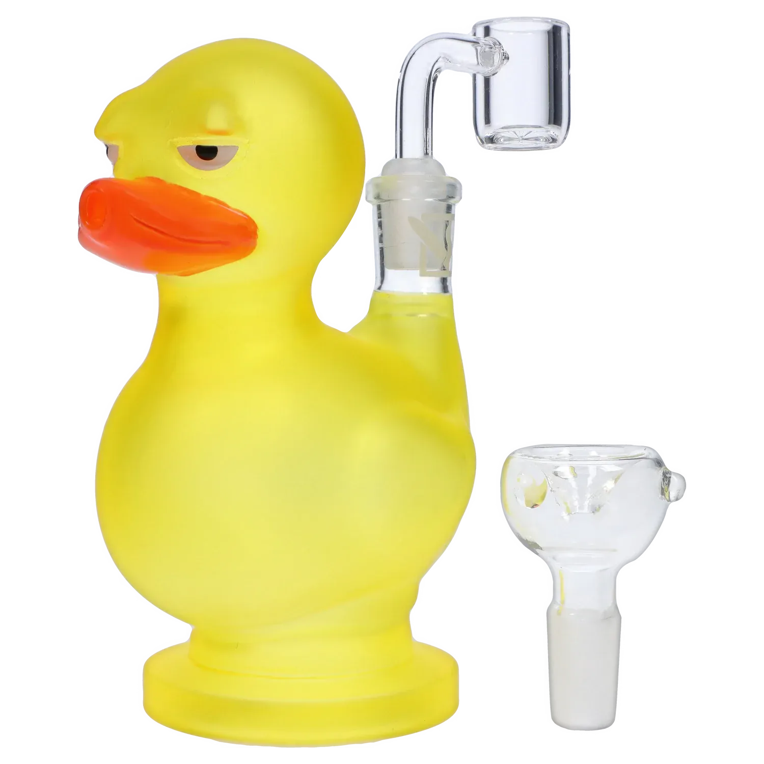 Side view of a yellow rubber duck-shaped piece with an orange beak and clear glass attachments, the "Soak & Smoke" Smoking Box.