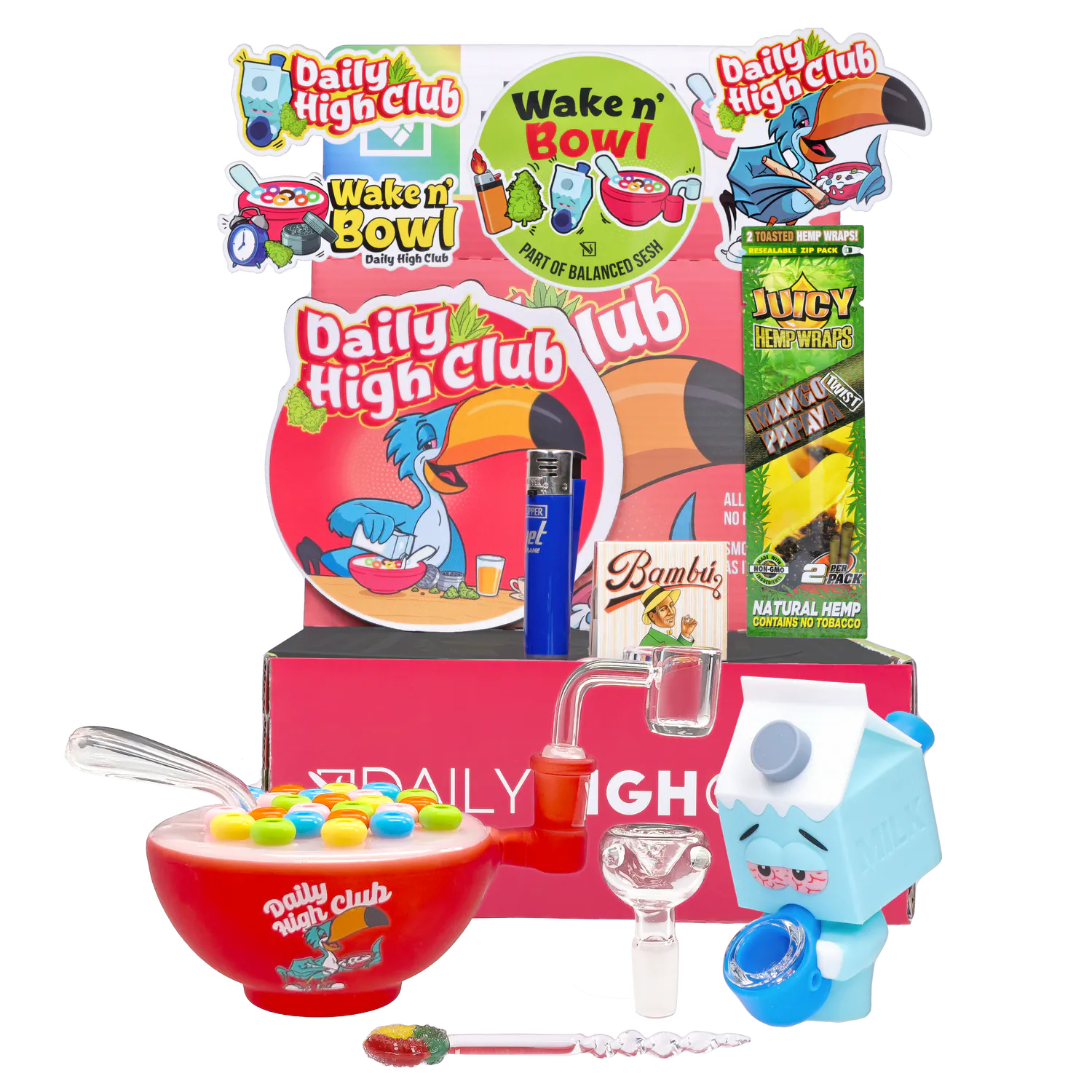 Front view of the “Wake N’ Bowl” Smoking Box display with a red cereal-bowl pipe, blue milk-carton figure, glass attachments and colorful branded backdrop.