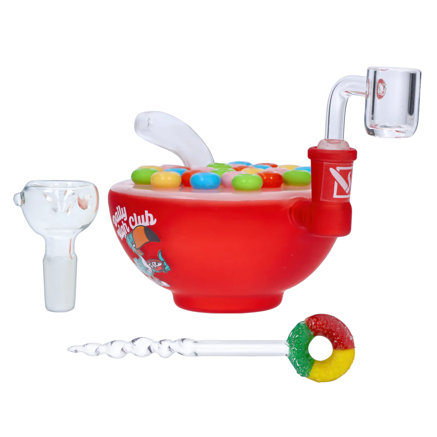 Side view of the red “Wake N’ Bowl” Smoking Box with a candy-topped lid, clear glass mouthpiece and colorful dab tool.