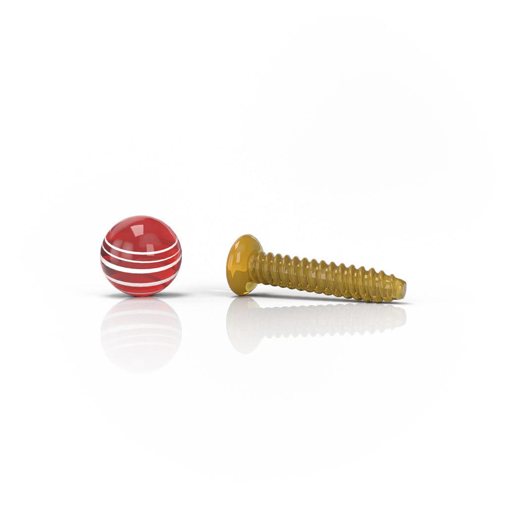 A low-angle studio shot of a lilac-striped sphere beside a translucent amber threaded screw, shown with soft reflections for the Honeybee Herb Dab Screw Sets