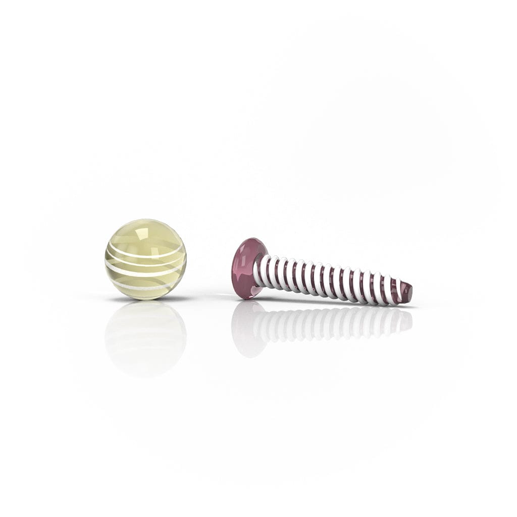 Low-angle studio shot of an amber glass ball and matching screw displayed side-by-side, labeled Honeybee Herb Dab Screw Sets.
