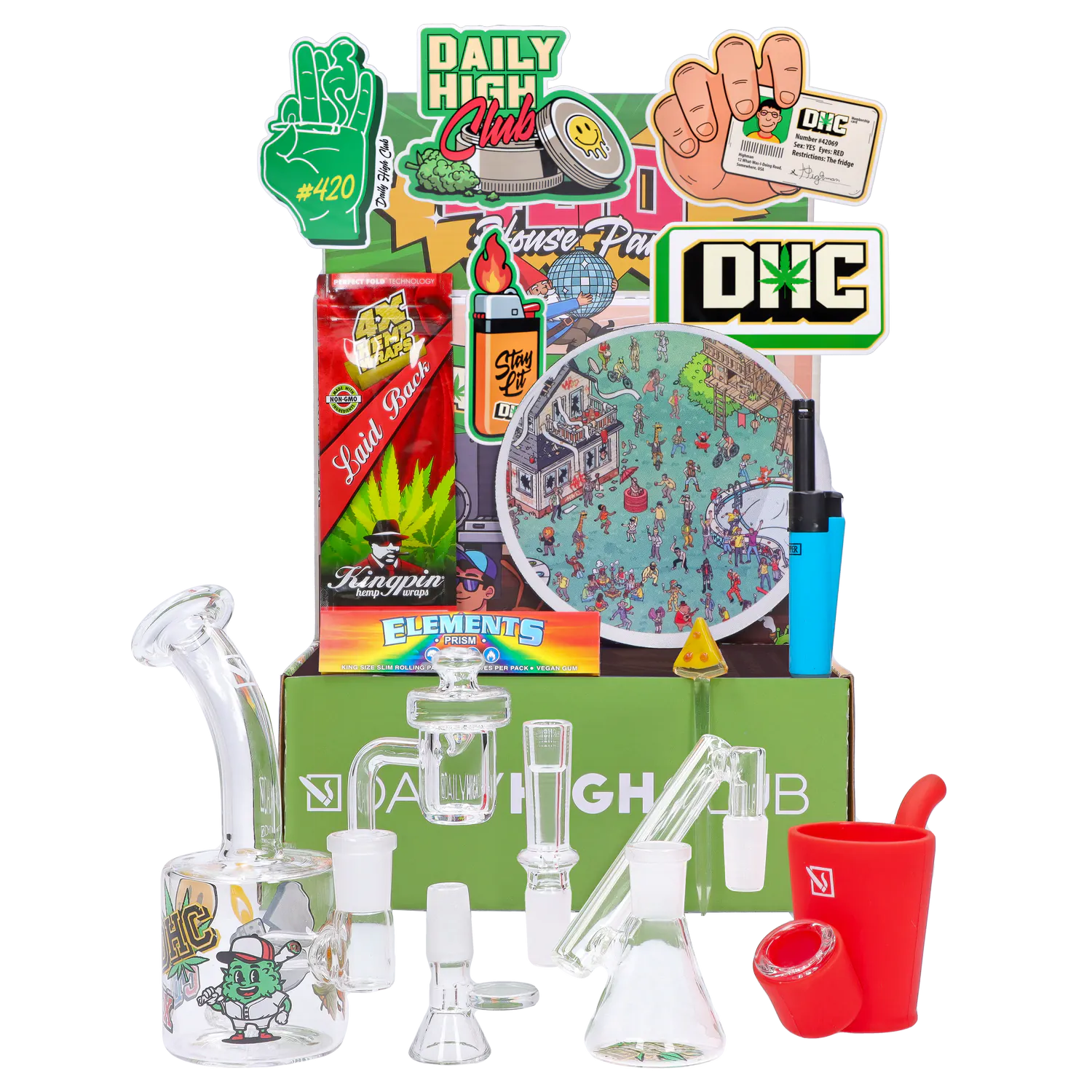 Front view of the “420 House Party” Smoking Box display with stickers, rolling papers, a blue lighter and glassware arranged against a green branded backdrop