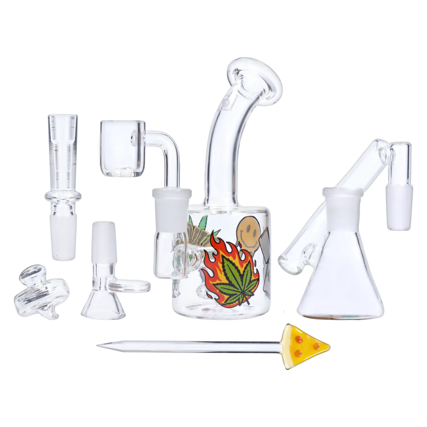 Angled front view of the clear “420 House Party” Smoking Box showing a small rig with flame-and-leaf artwork, glass attachments, and a pizza‑slice dab tool.