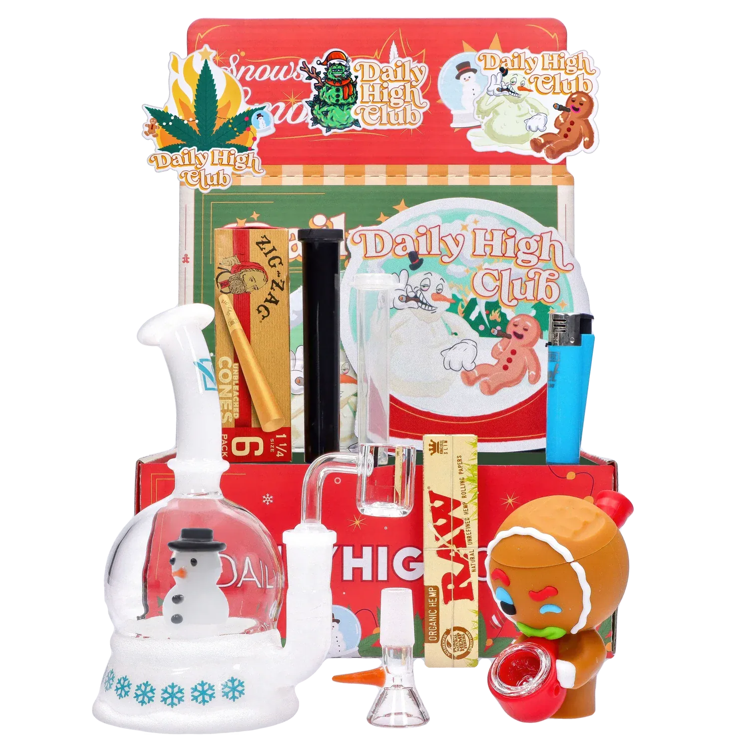 Front-facing display of the "Jingle Blaze" Smoking Box with holiday-themed stickers, a snowman glass piece, gingerbread figure, and rolling papers.