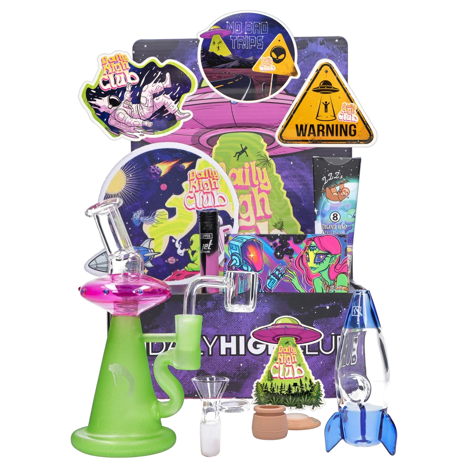 Front-facing display of the “High Command” Smoking Box kit against a purple space-themed backdrop with alien stickers and two colorful glass rigs in the foreground.