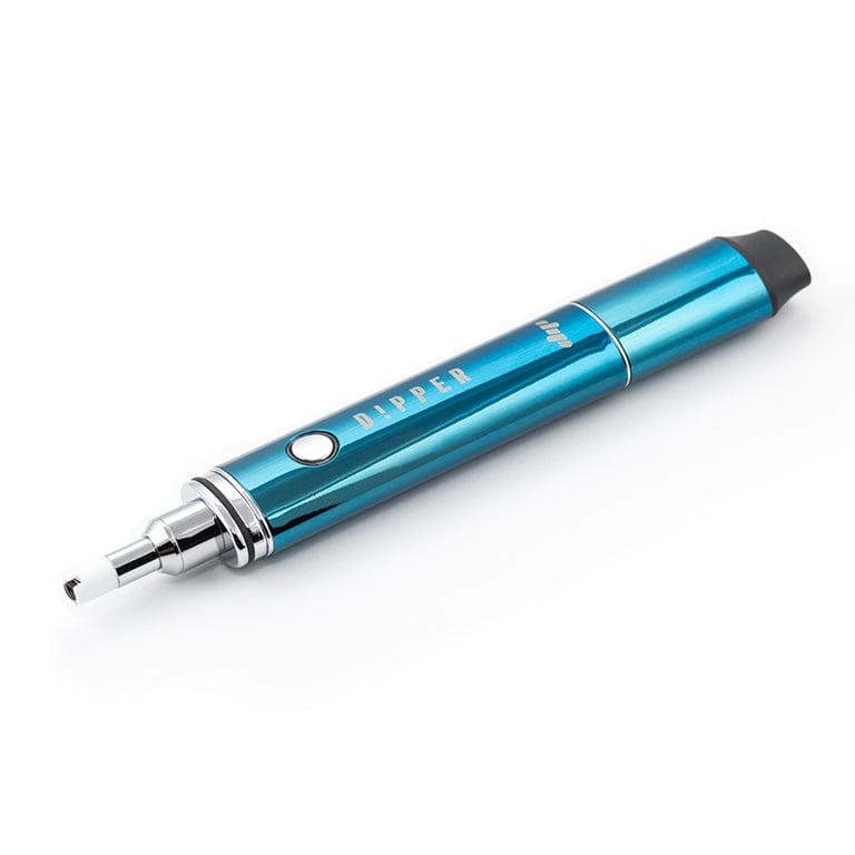 Angled close-up of the metallic teal Dip Devices Vaporizer - The Dipper pen resting on white background, showing its button, chrome tip, and black mouthpiece.